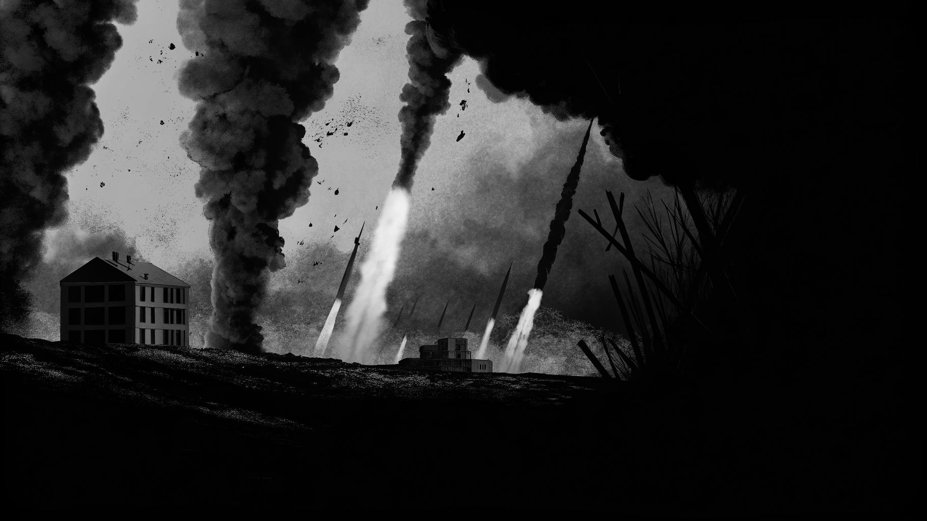 Illustration abstraite d'une ville sous une attaque massive de missiles et de drones, avec des nuées de fumée noire et des décombres, style presse sérieuse, sans texte, sans logo, sans visage reconnaissable, palette sobre, format paysage 3:2