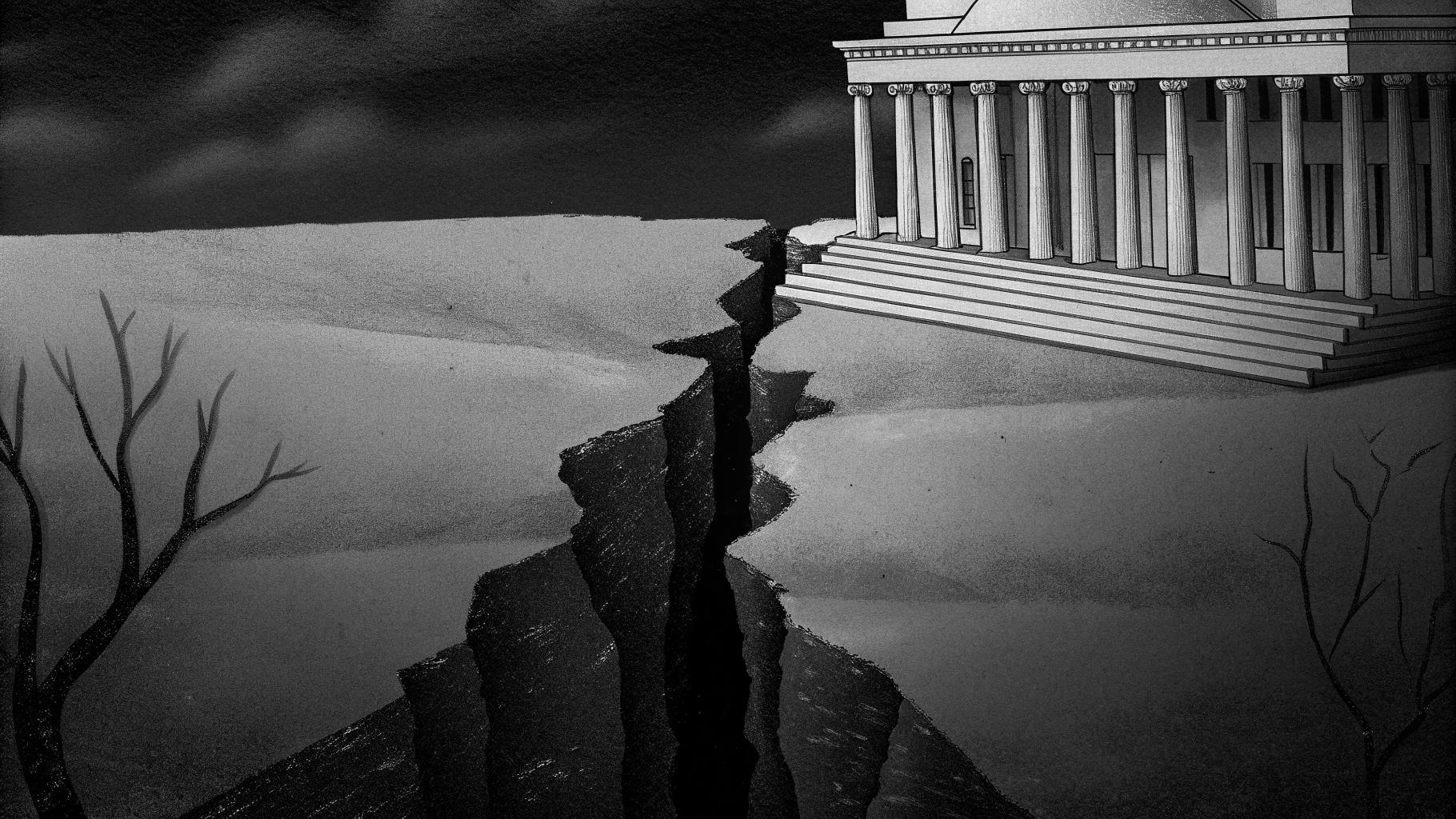 Illustration abstraite représentant la démocratie américaine fracturée, avec une palette sobre et un format paysage, sans texte ni logo, dans un style de presse sérieuse.