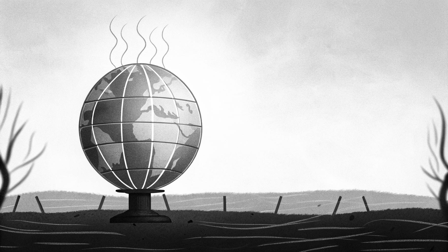 Illustration abstraite d'une planète chauffée avec des lignes de fumée ascendantes, sur un paysage sobre, sans texte ni logo, palette de couleurs neutres