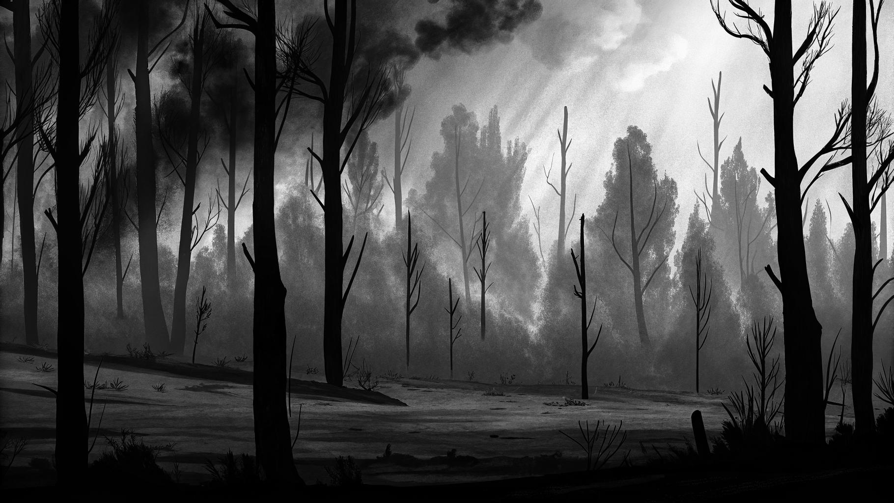 Illustration abstraite d'un paysage forestier calciné avec de la fumée montant, couleurs terreuses sobres, sans texte ni logo, format paysage 3:2