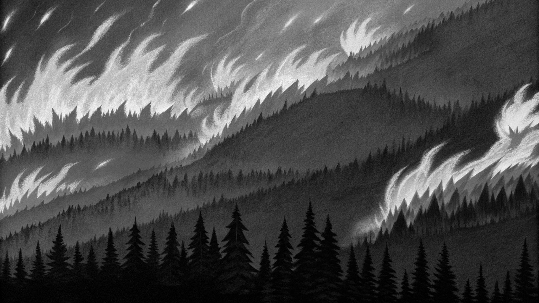Illustration abstraite d'un incendie de forêt se propageant sur un relief montagneux, avec des flammes et de la fumée montant des collines boisées, palette de couleurs sobres, style presse sérieuse