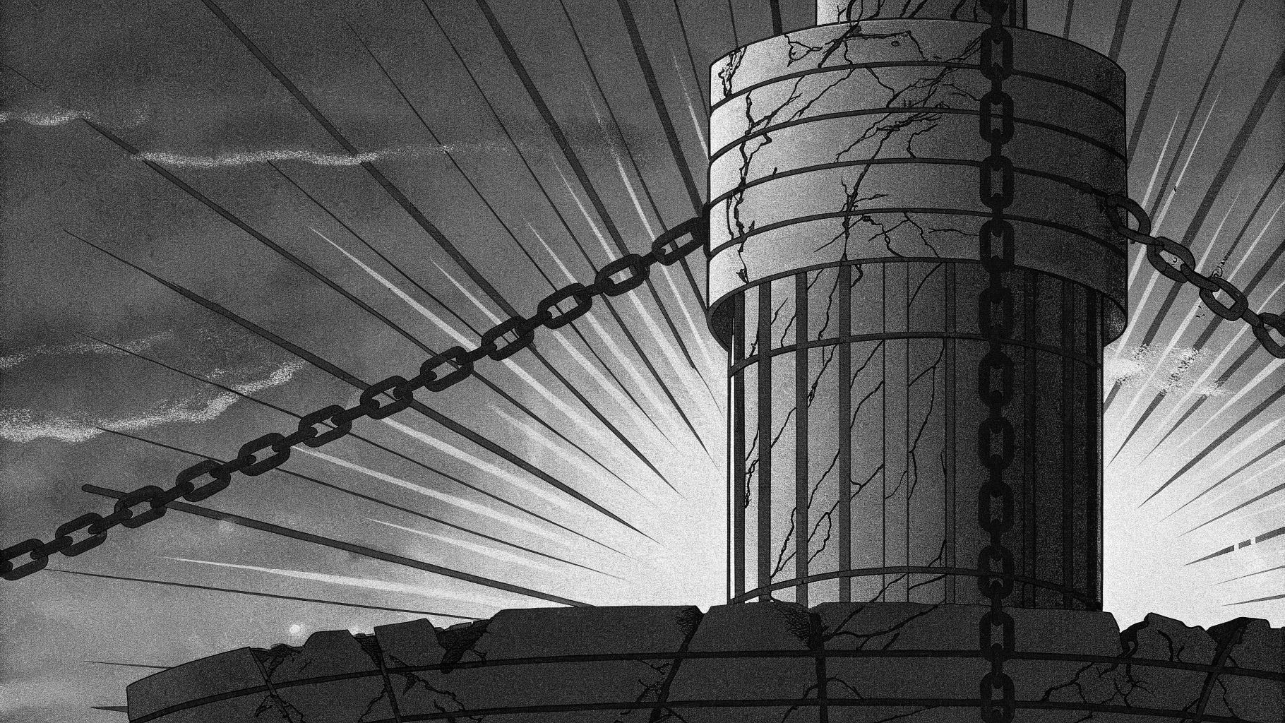 Illustration abstraite symbolisant la fin de la propagande médiatique en Hongrie et le retour à une presse libre, avec un édifice de médias en ruine et des chaînes brisées.