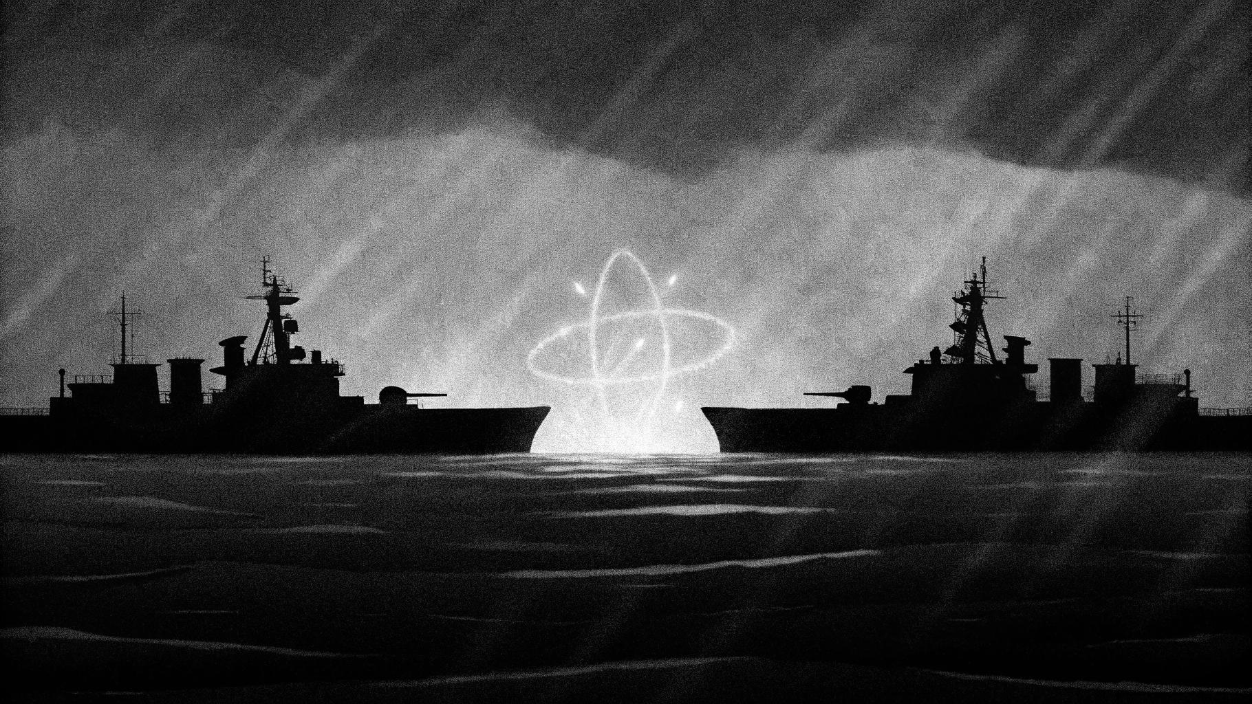 Illustration abstraite d'un affrontement géopolitique, avec une flotte navale en silhouette face à un horizon tourmenté, intégrant un symbole nucléaire lumineux en arrière-plan, sans texte, sans logo, sans visage reconnaissable, palette sobre, format