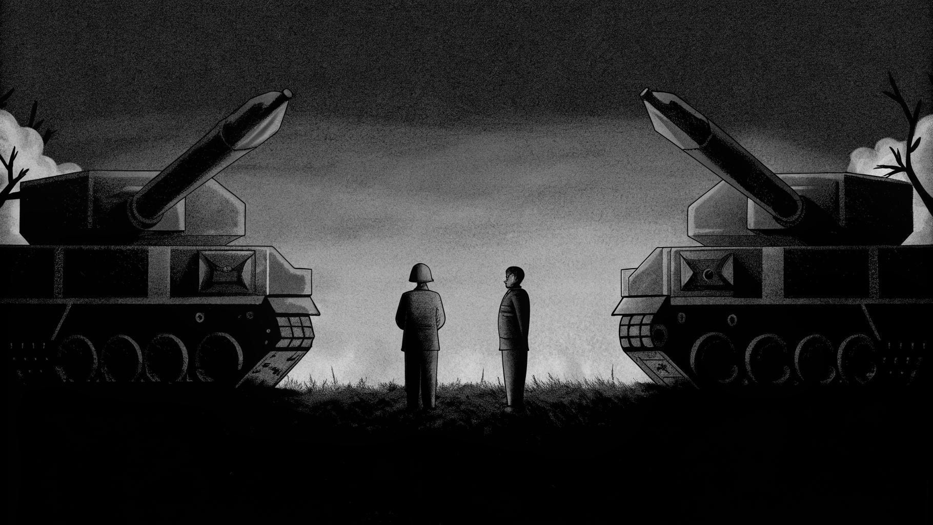 Illustration abstraite représentant les tensions géopolitiques entre Trump et les alliés de l'OTAN, avec des éléments symboliques de l'Ukraine et de systèmes de missiles