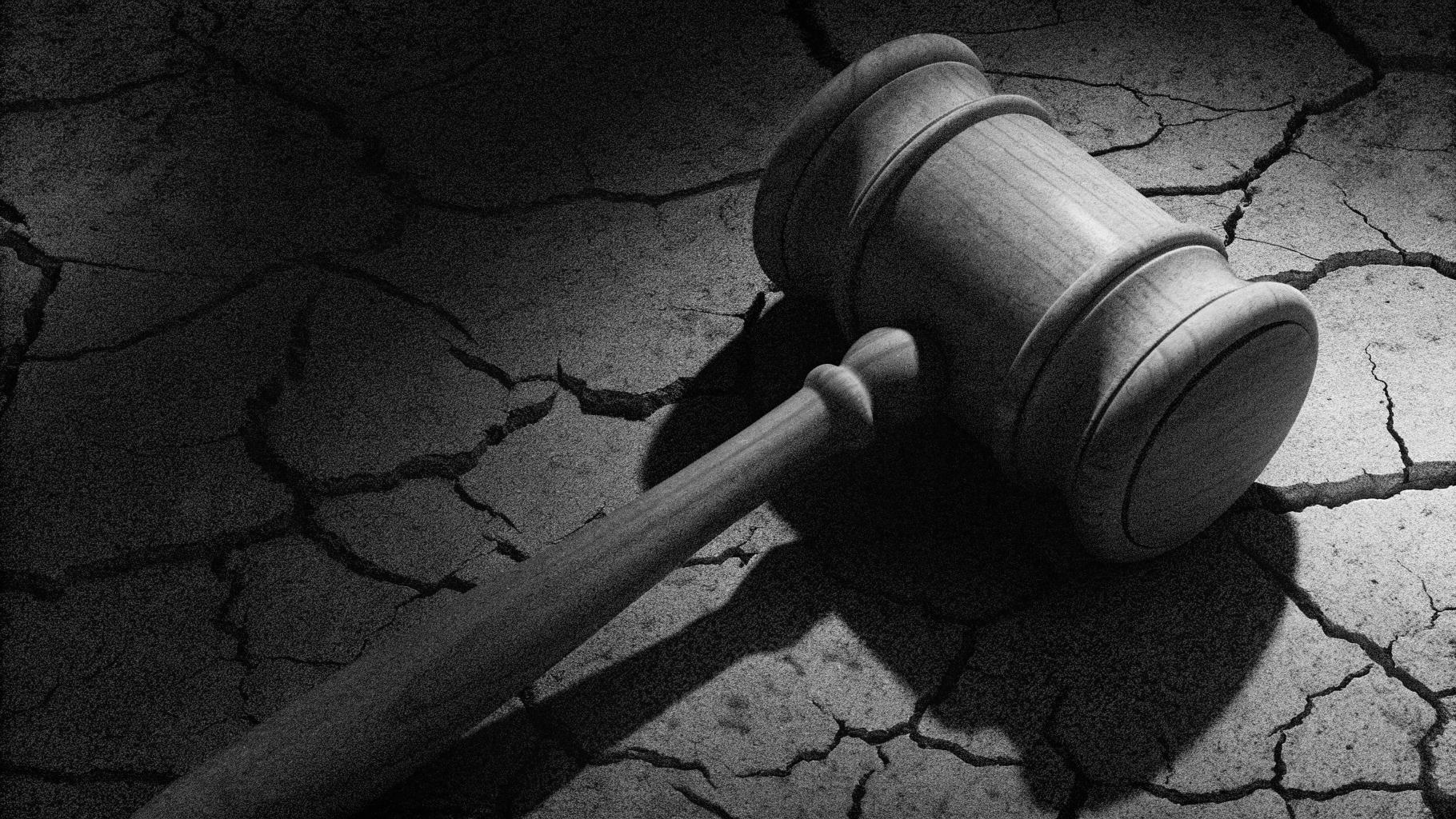 Illustration abstraite d'un marteau de justice posé sur une constitution brisée, symbolisant la responsabilité judiciaire dans un contexte géopolitique tendu