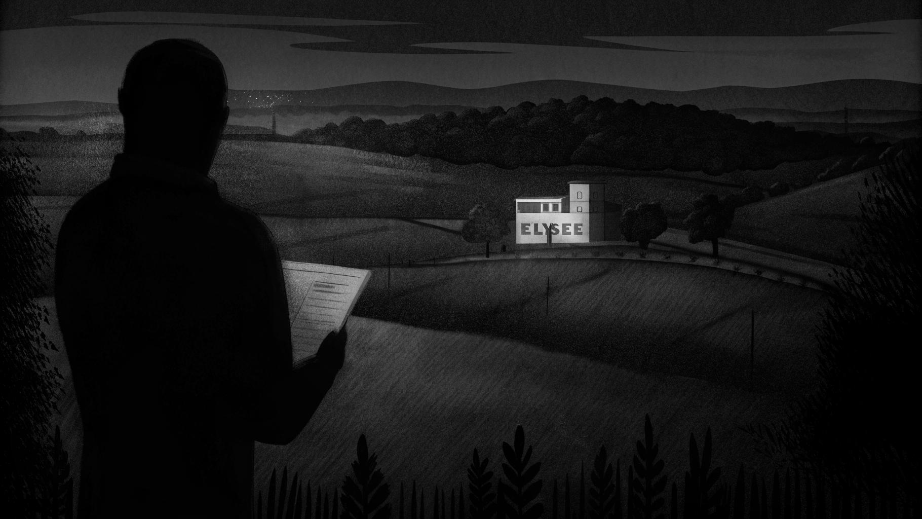 Illustration abstraite d'une figure sombre devant un bâtiment lumineux symbolisant l'Élysée, avec un document juridique en main, évoquant l'incertitude politique et la pression judiciaire