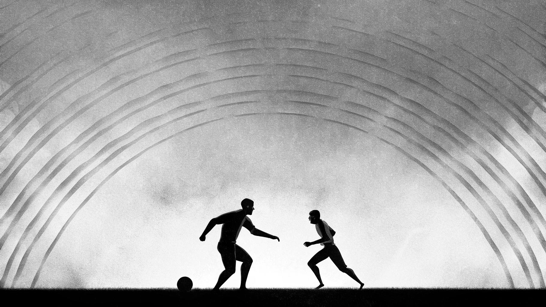Illustration abstraite d'un match de football entre la France et le Maroc, avec des silhouettes de joueurs en mouvement sur un fond de bleu profond et orange chaud, sans texte, sans logo, sans visage reconnaissable, format paysage 3:2
