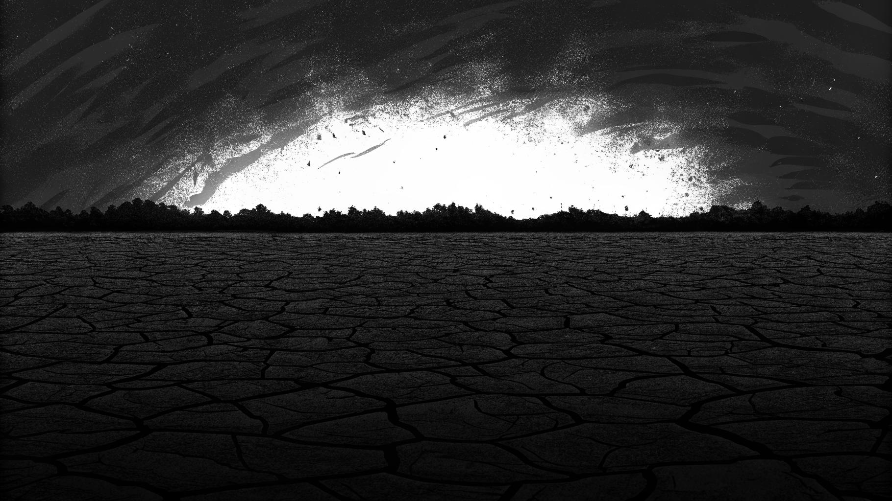 Illustration abstraite de vagues de chaleur extrême émanant d'un paysage craquelé, avec un ciel dégradé du orange profond au jaune pâle, sans texte ni visage