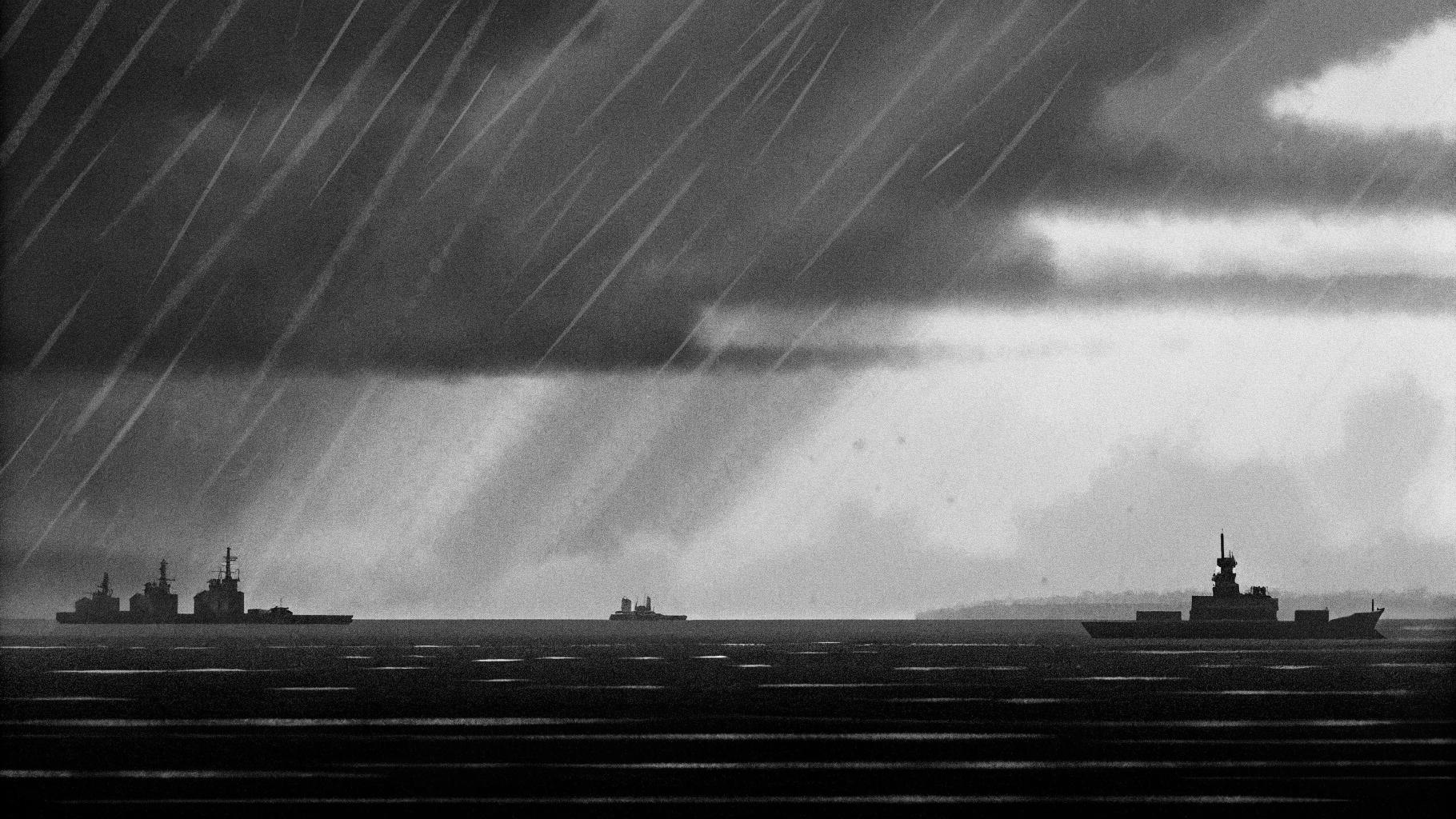 Illustration abstraite d'un détroit maritime sous une mer tumultueuse, avec des silhouettes de navires de guerre et commerciaux, palette sobre bleu marine et gris, style presse sérieuse