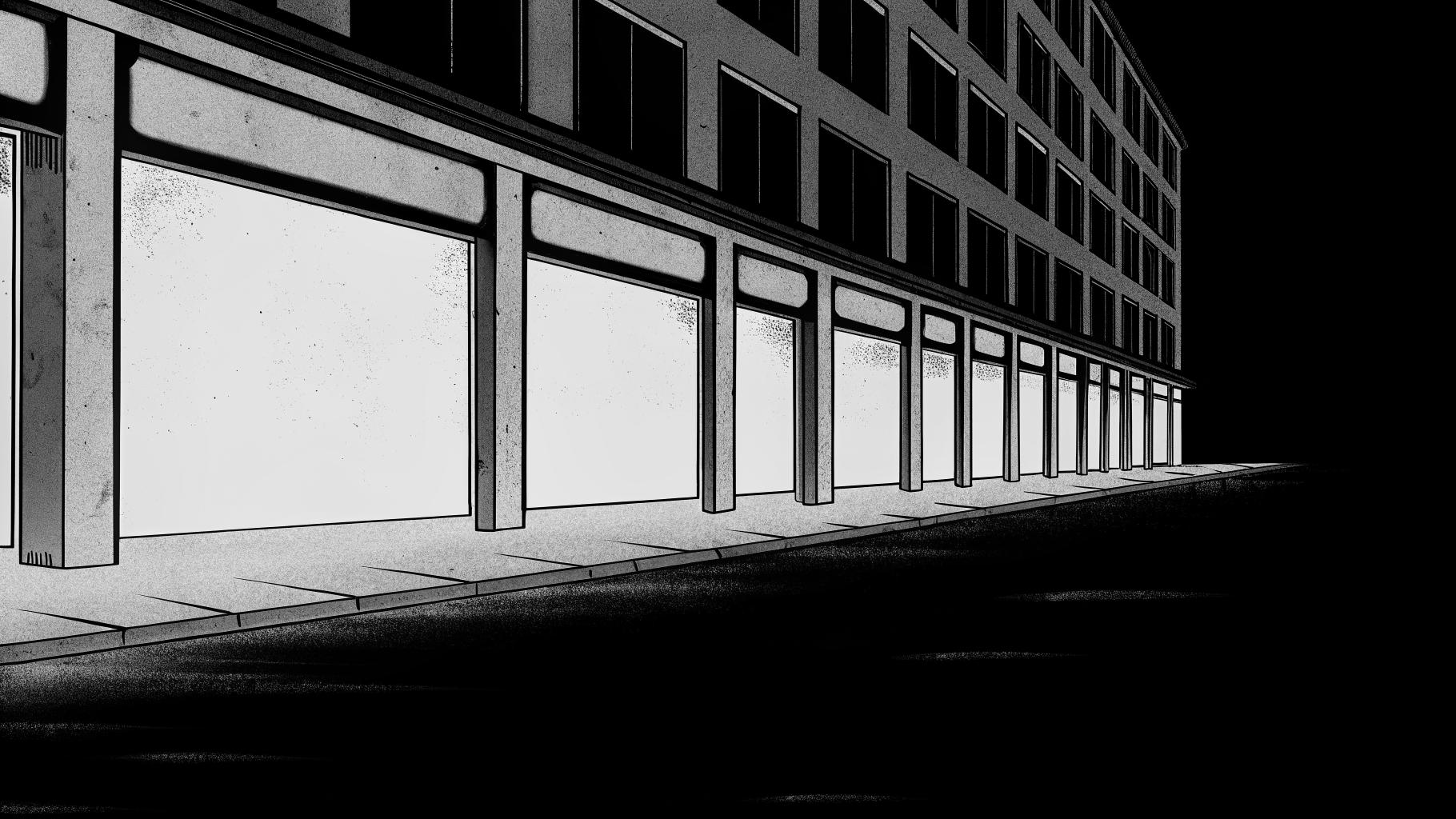 Illustration abstraite de boutiques fermées en centre-ville avec des vitrines blanchies, rue déserte, palette sobre de gris et beige, style presse sérieuse