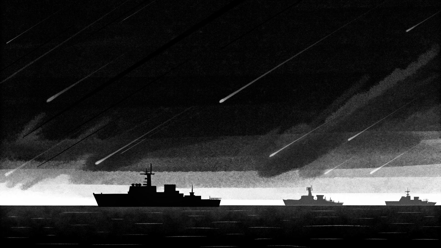 Illustration abstraite du détroit d'Ormuz sous tension militaire, avec des navires et des traînées de missiles dans un ciel sombre et orageux.