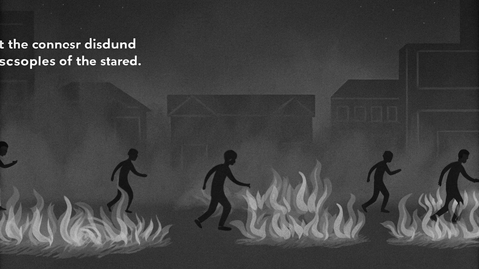 Illustration abstraite montrant des silhouettes de personnes courant à travers des flammes orange et rouges dans un décor urbain sombre, évoquant la tragédie de l'incendie à Bangkok.