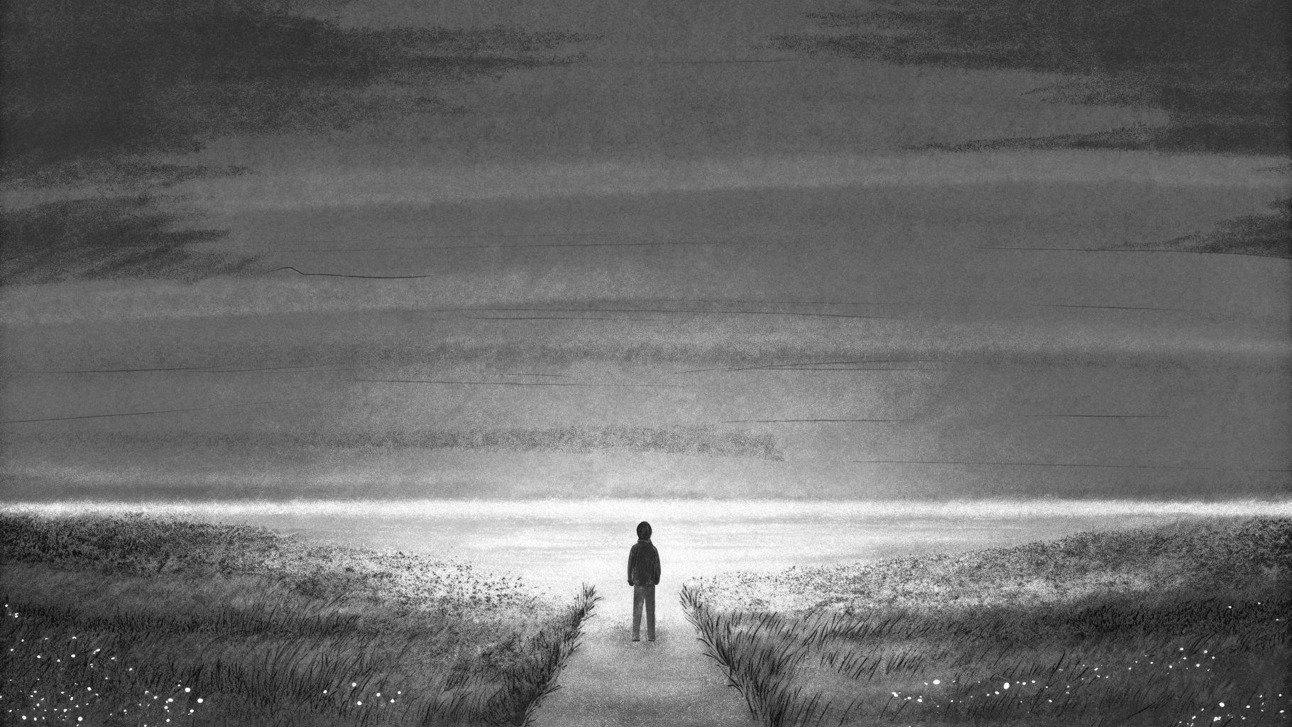 Illustration abstraite d'une silhouette humaine au bord d'un chemin menant vers un horizon doux, palette sobre de gris et bleus, symbolisant le cheminement vers la fin de vie