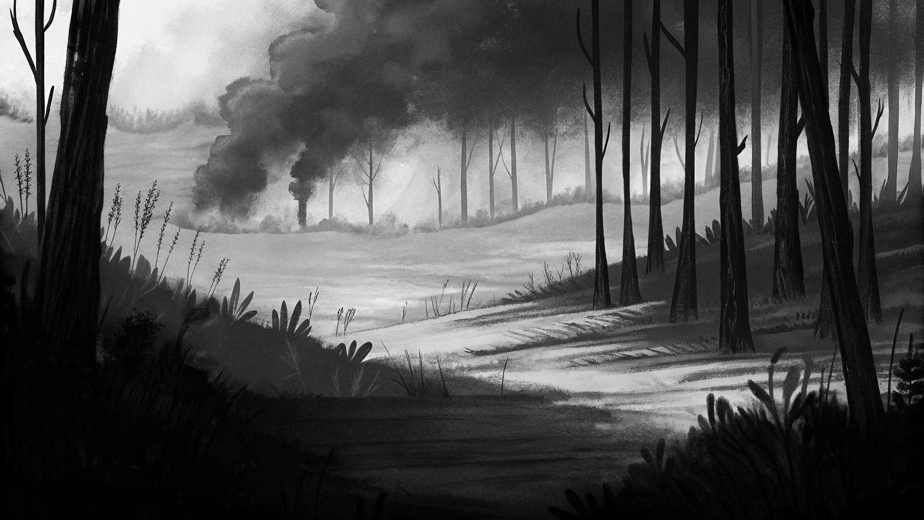 Illustration abstraite d'un incendie de forêt avec de la fumée sombre se levant de arbres calcinés, dans des tons terreux et gris profonds, format paysage 3:2