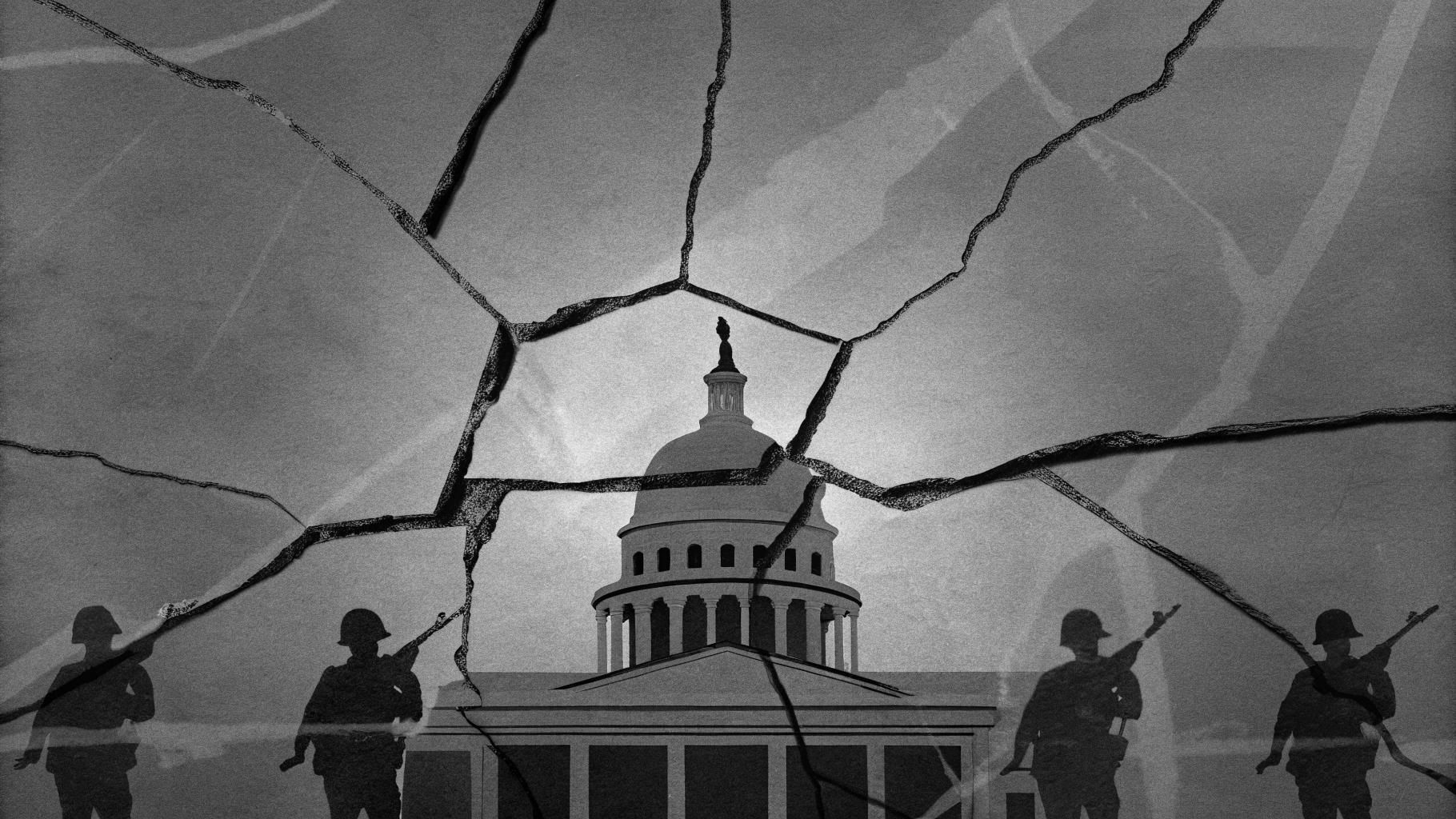 Illustration abstraite représentant une structure politique fracturée avec des silhouettes de figures militaires et politiques en tension, palette sobre de bleus et gris sombres