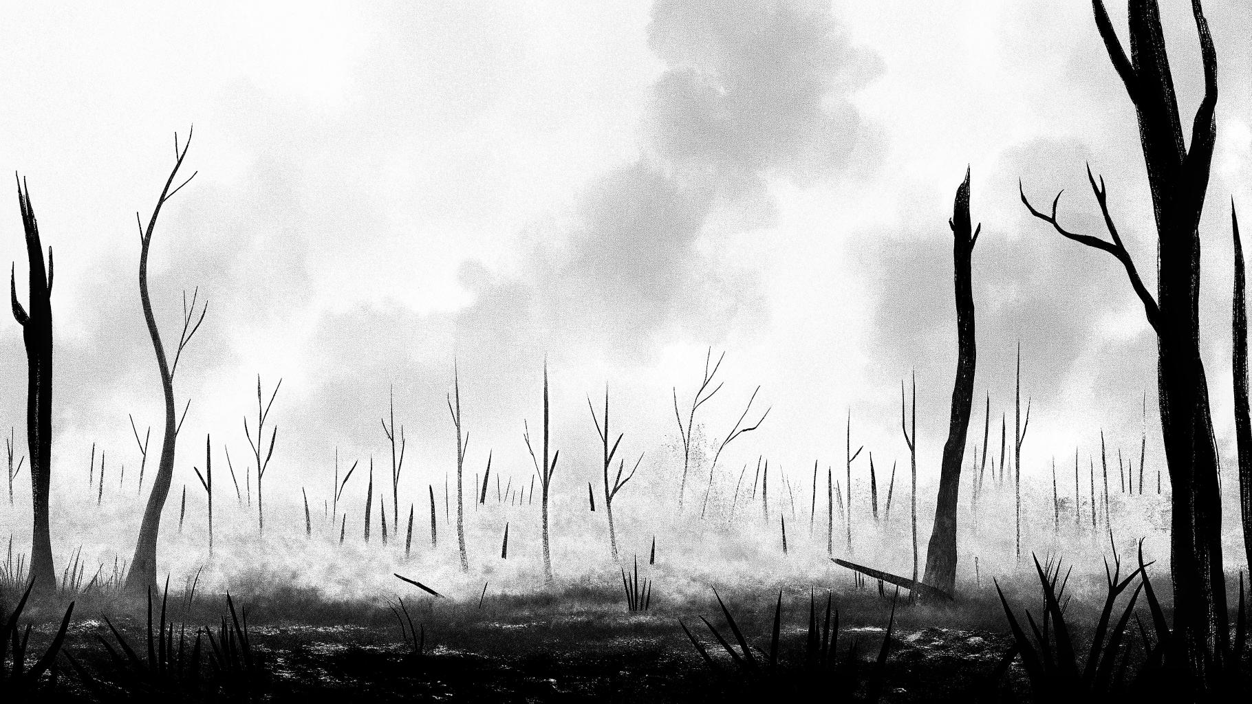 Illustration abstraite montrant les ruines d'une forêt après un incendie, dans une palette sobre, style presse sérieuse