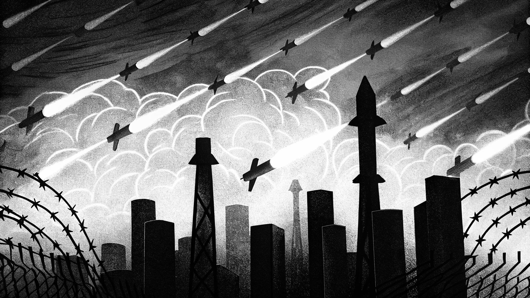 Illustration abstraite d'un conflit géopolitique avec des silhouettes de missiles survolant une ville sombre au nuit, palette sobre de gris et bleu foncé, sans texte ni visage