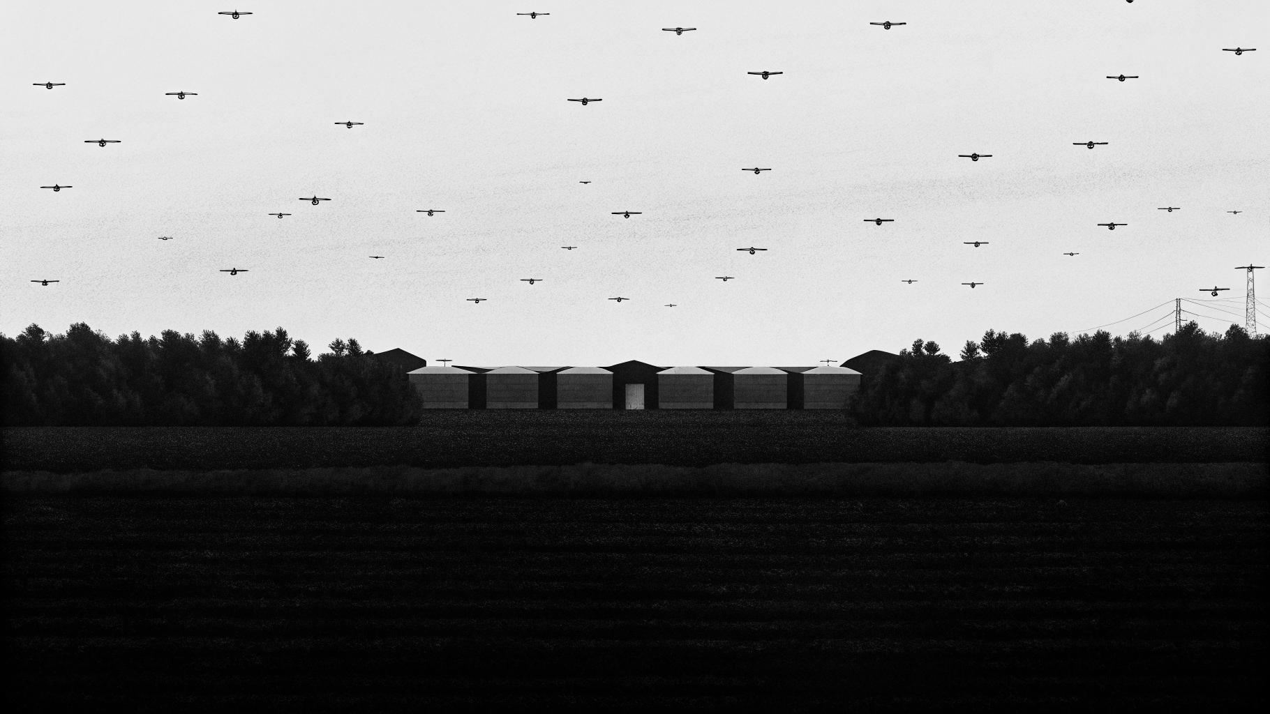 Illustration abstraite de centaines de drones traversant un ciel nocturne pour frapper des entrepôts industriels en Russie