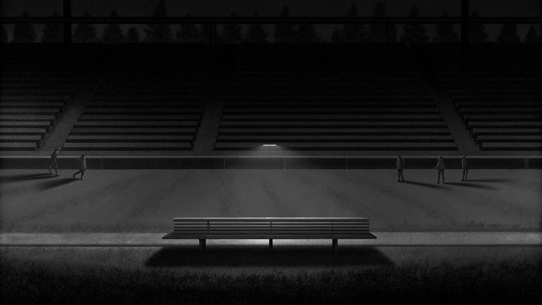 Illustration abstraite d'un stade de football au crépuscule, avec un projecteur unique sur un banc vide, entouré de silhouettes floues de joueurs s'éloignant, palette sobre en bleu et gris, sans texte, sans logo, sans visage reconnaissable, format pa