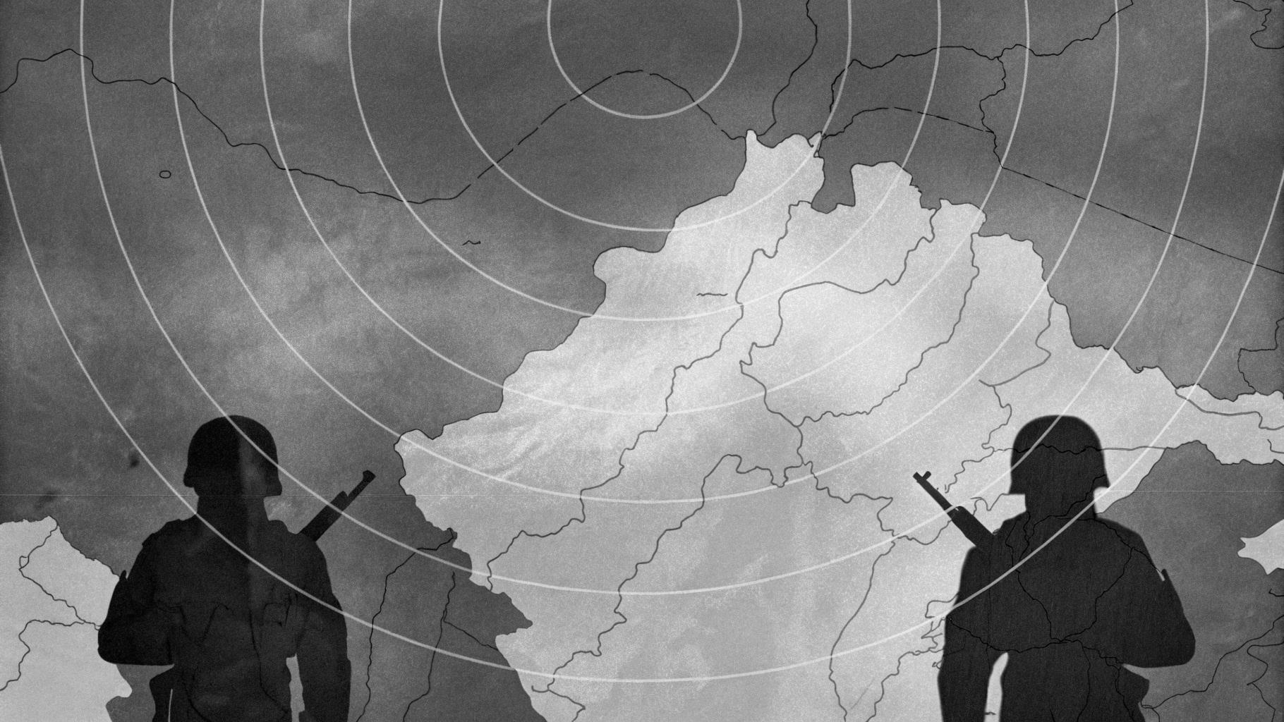 Illustration abstraite représentant une tension géopolitique avec deux silhouettes de soldats en arrière-plan, palette de gris et bleu marine, sans texte ni visage, format paysage 3:2