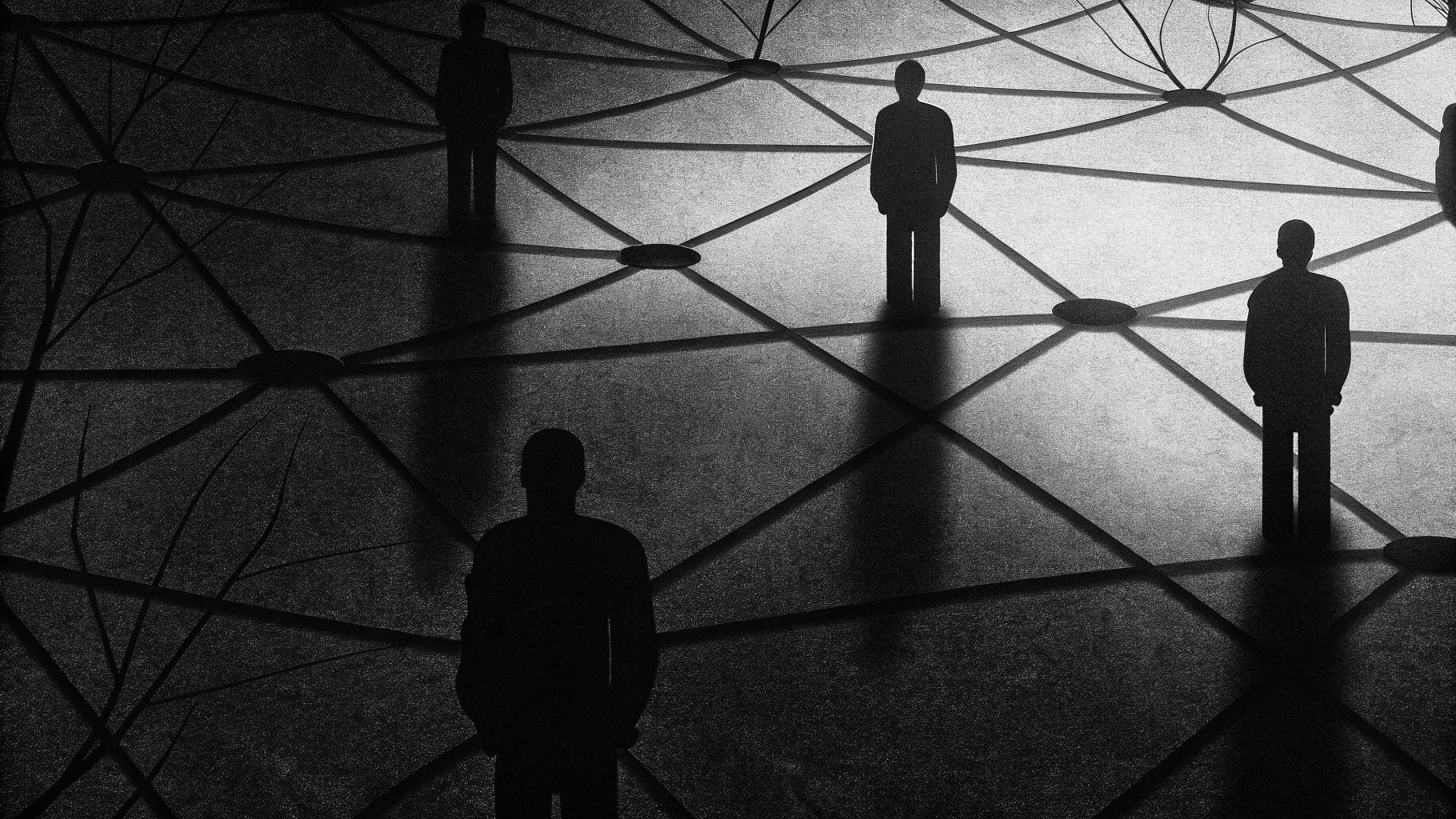 Illustration abstraite représentant un réseau sombre reliant des figures isolées, tons gris et bleu sobres, sans texte ni logo, style presse sérieuse