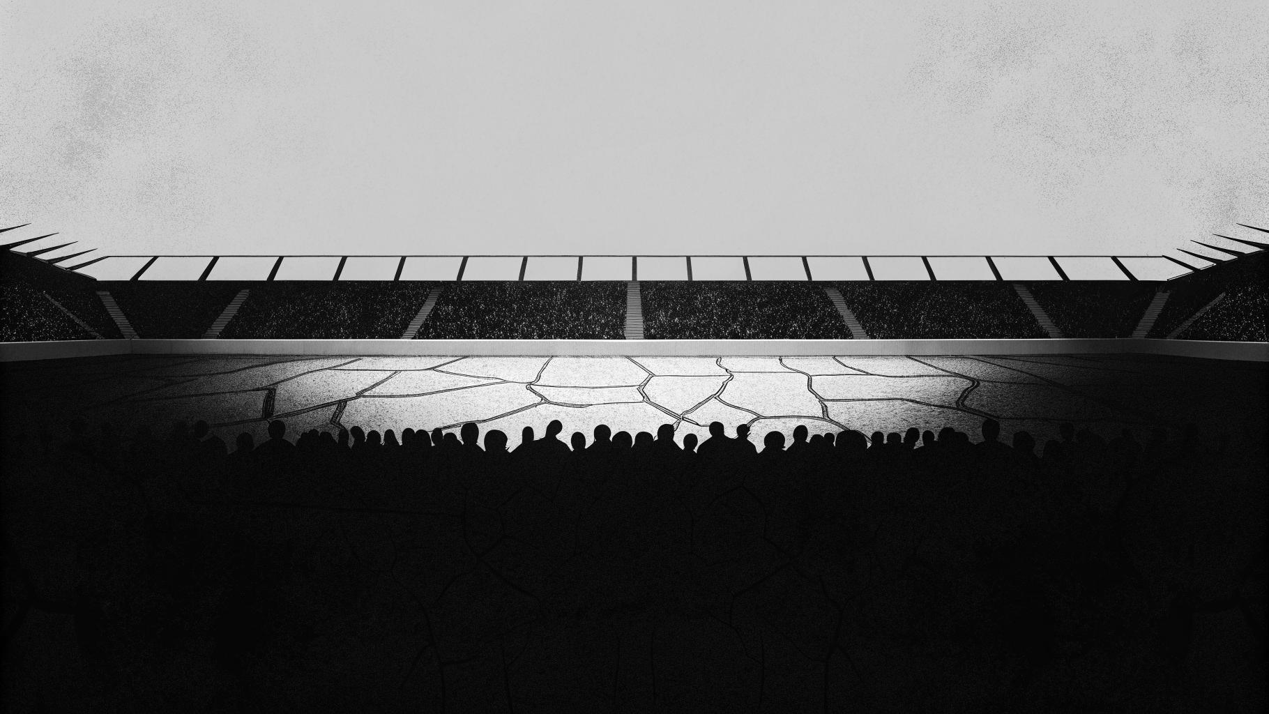 Illustration abstraite d'un stade fractionné avec des contrastes de lumière et d'ombre, symbolisant la division politique
