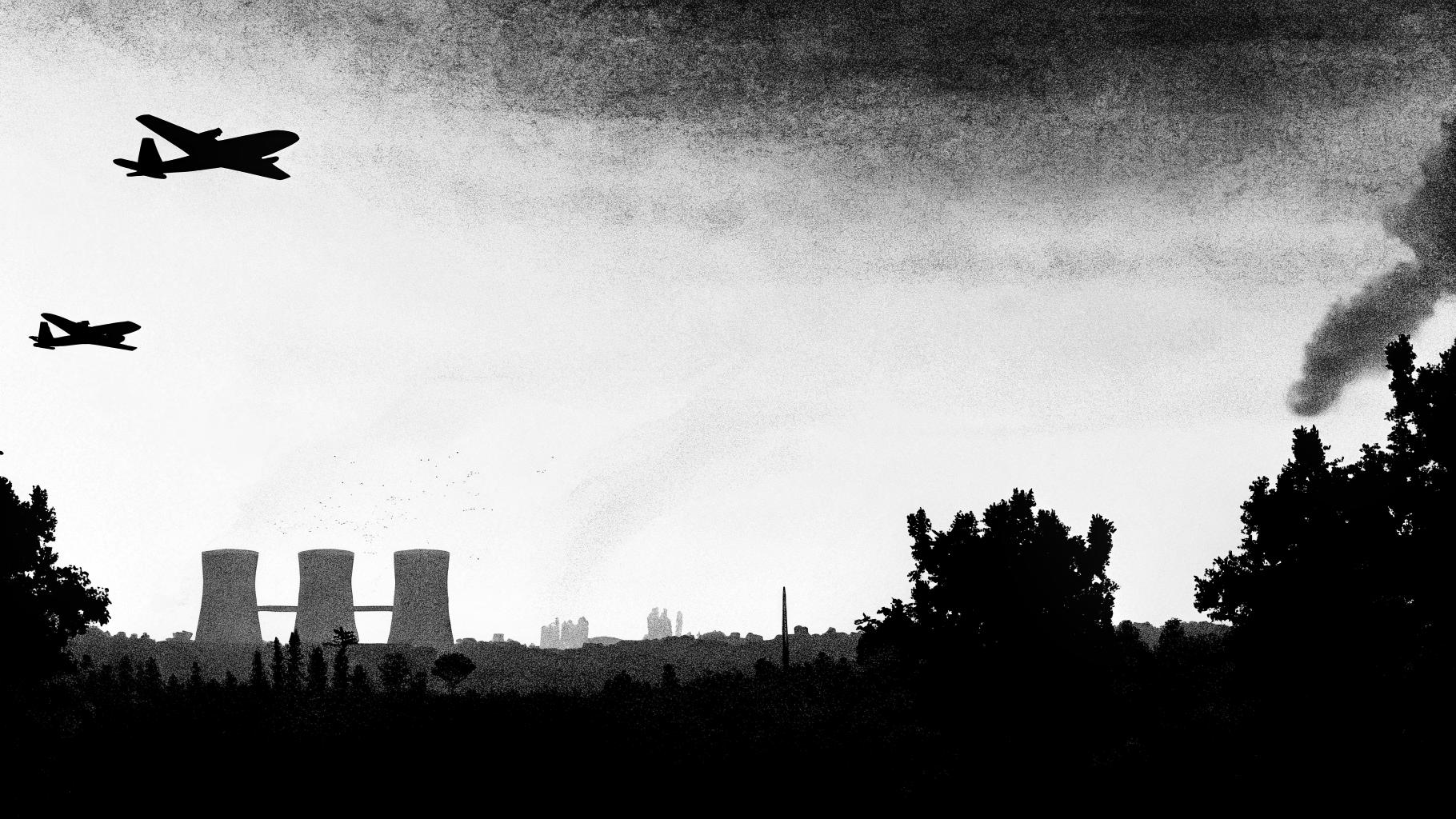 Illustration abstraite d'un conflit géopolitique au Moyen-Orient, avec des avions militaires en silhouette face à un ciel sombre et une centrale nucléaire en arrière-plan, palette sobre en gris et bleu profond
