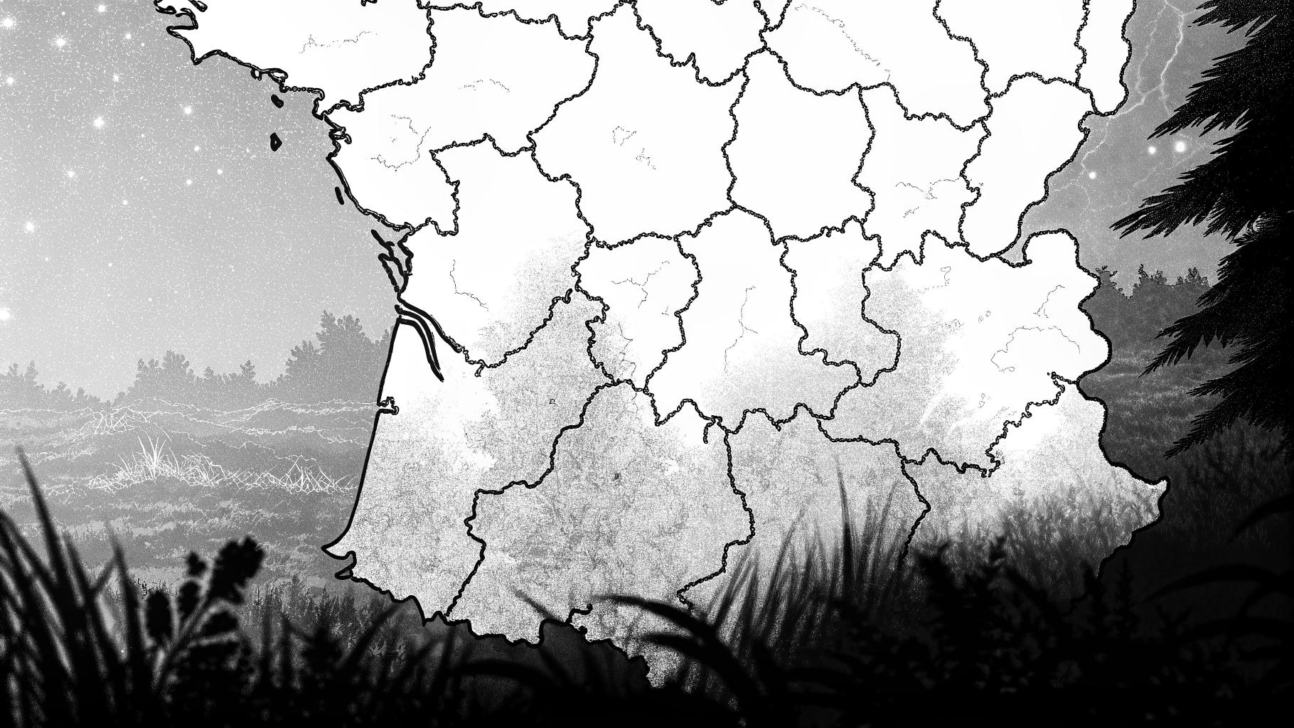Illustration abstraite de la carte des risques de feux de forêt en France, avec des zones orange et rouge indiquant un danger élevé, sur un fond de texture de végétation sèche, palette sobre, format paysage.