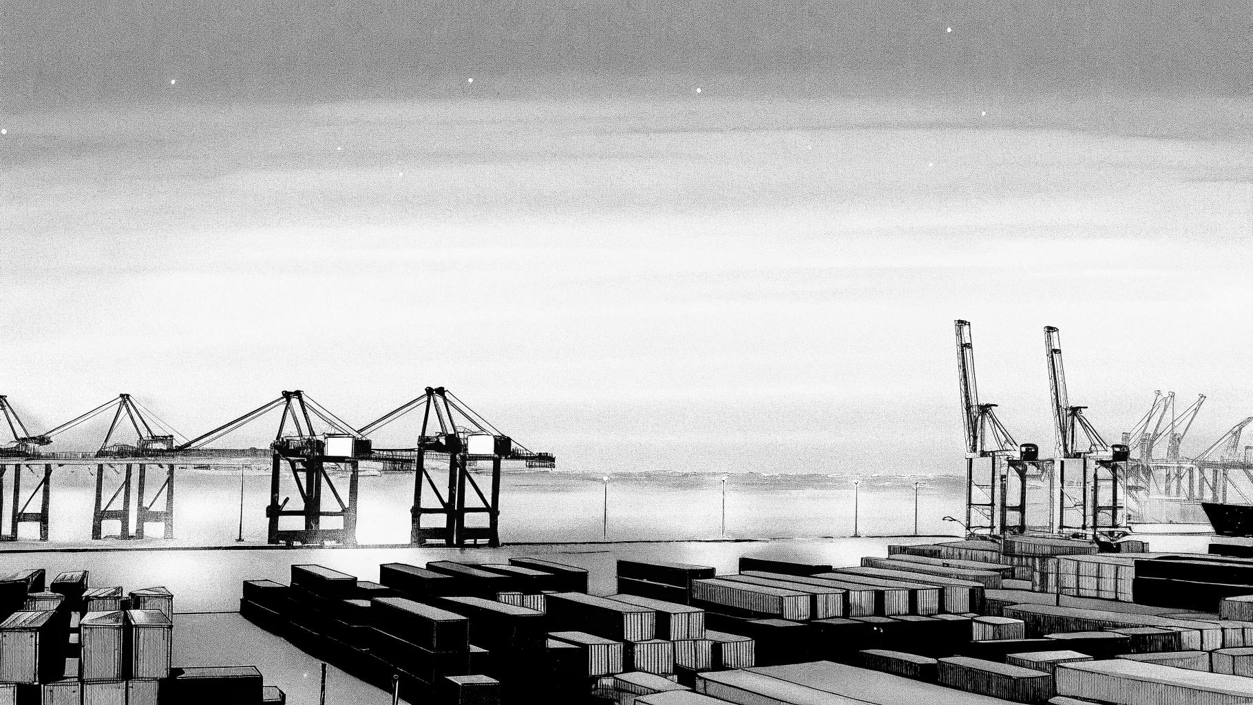 Illustration abstraite d'un port maritime nocturne avec des conteneurs de marchandises faiblement lumineux, horizon océanique sombre, palette sobre en bleu et gris