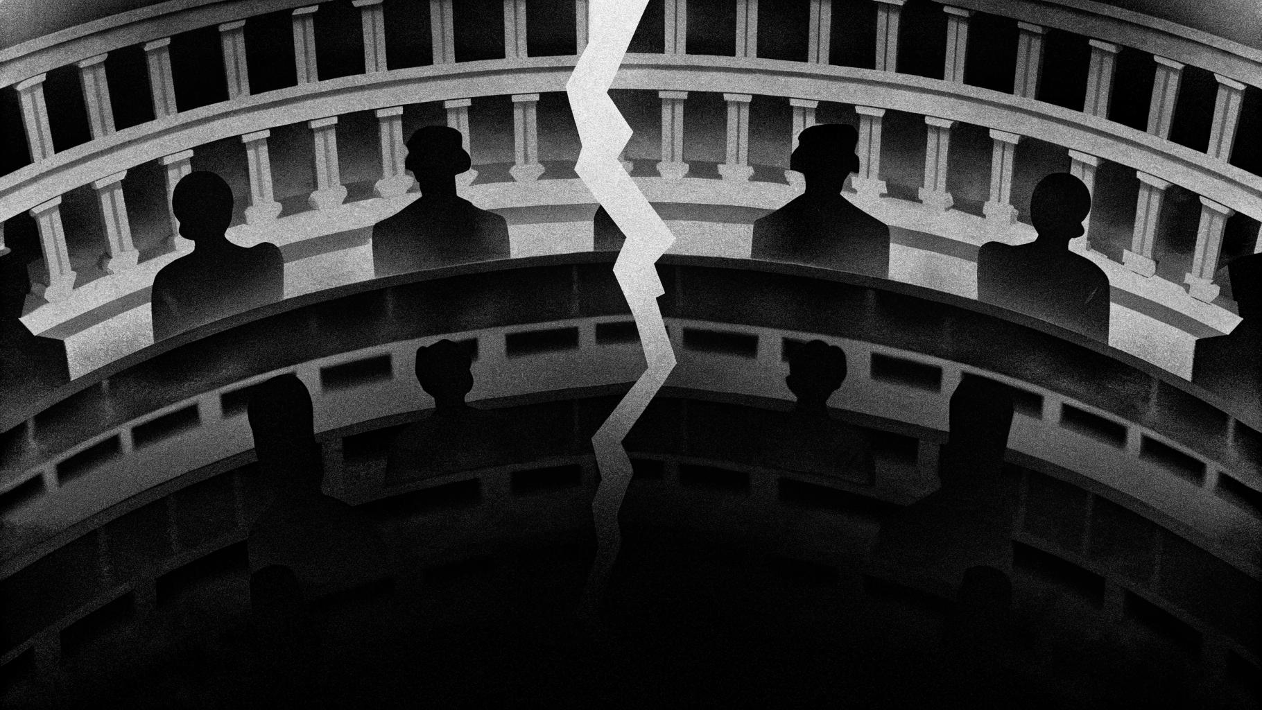 Illustration abstraite d'une assemblée législative fracturée, symbolisant la controverse sur les pesticides et les néonicotinoïdes dans le projet de loi d'urgence agricole