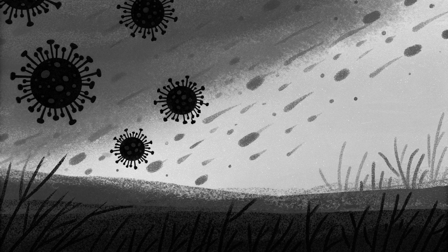 Illustration abstraite montrant la propagation d'un virus rare dans un paysage africain fragmenté, palette sobre et sombre, style presse sérieuse