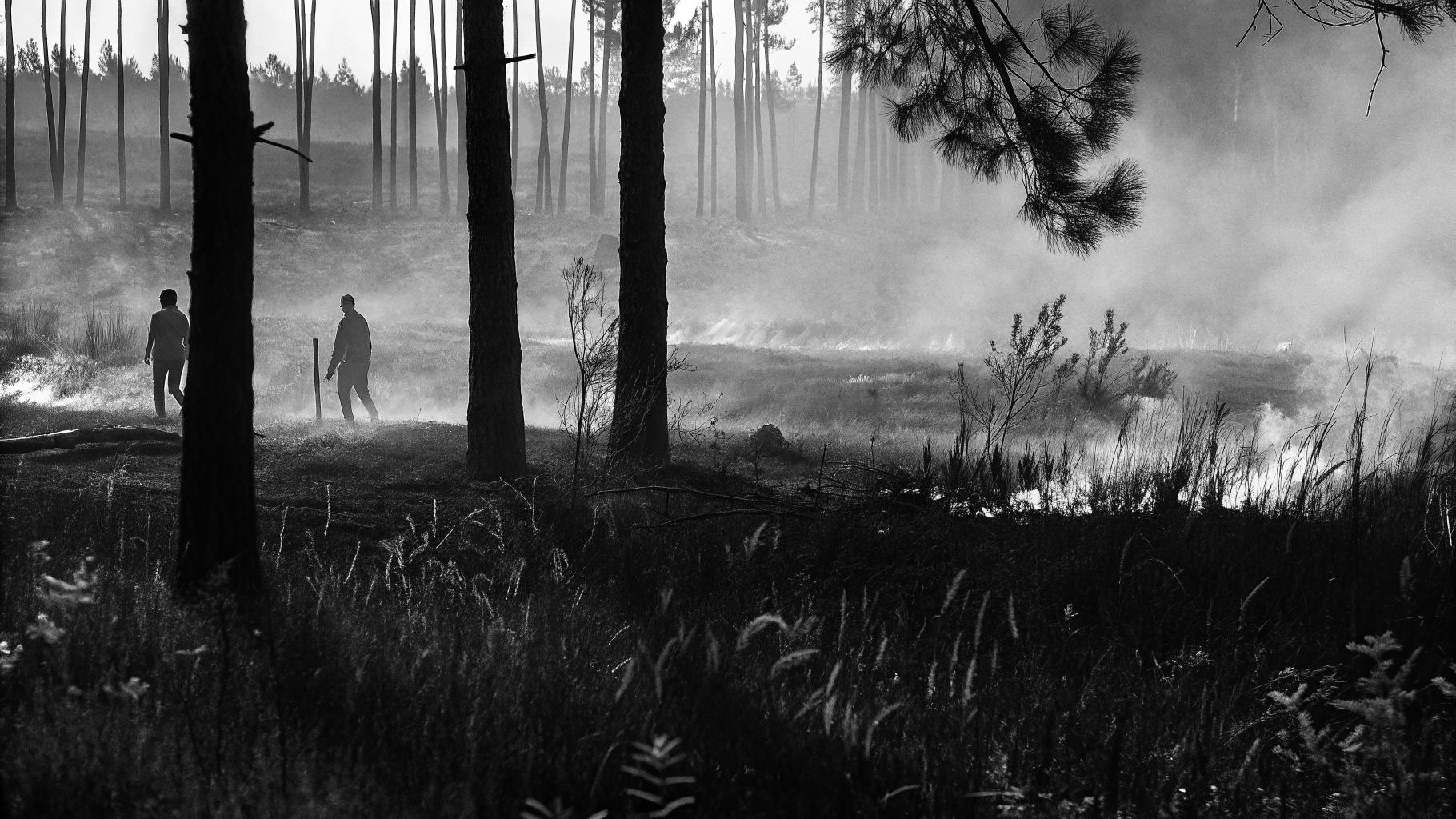 Illustration abstraite d’un incendie de forêt avec terrain brûlé et fumée au loin