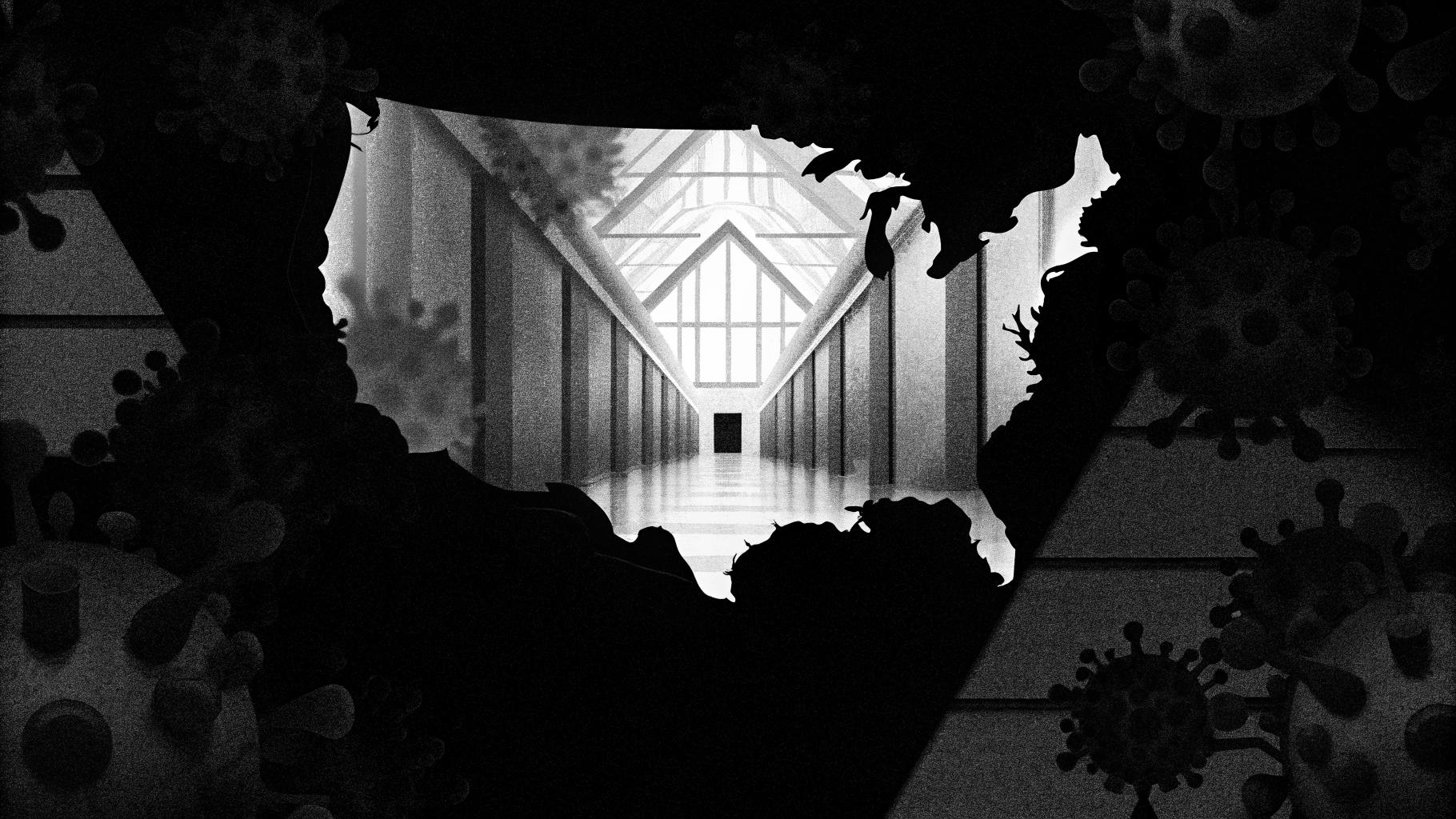 Illustration abstraite d’un couloir hospitalier et d’une carte des États-Unis fragmentée sur fond de motifs viraux discrets