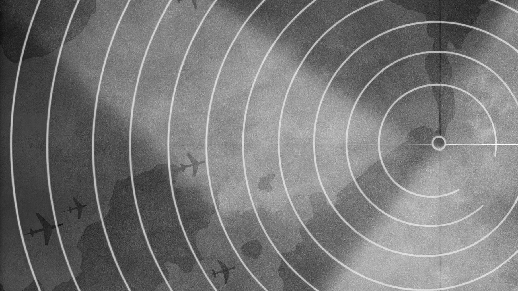 Illustration abstraite d’un bouclier de défense aérienne sur fond de carte maritime et de radars stylisés