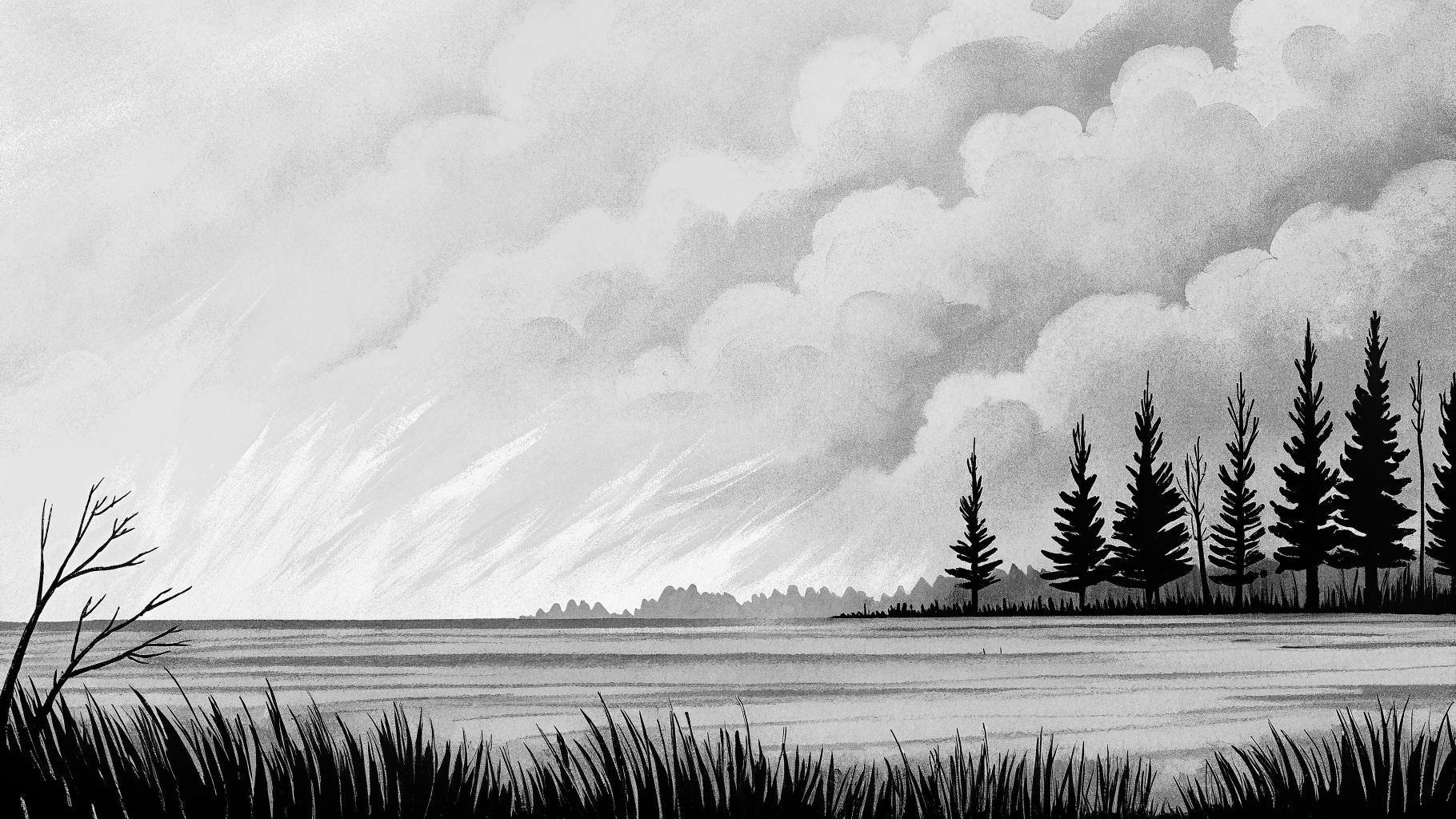 Illustration abstraite d’une presqu’île forestière menacée par un incendie et en cours d’évacuation