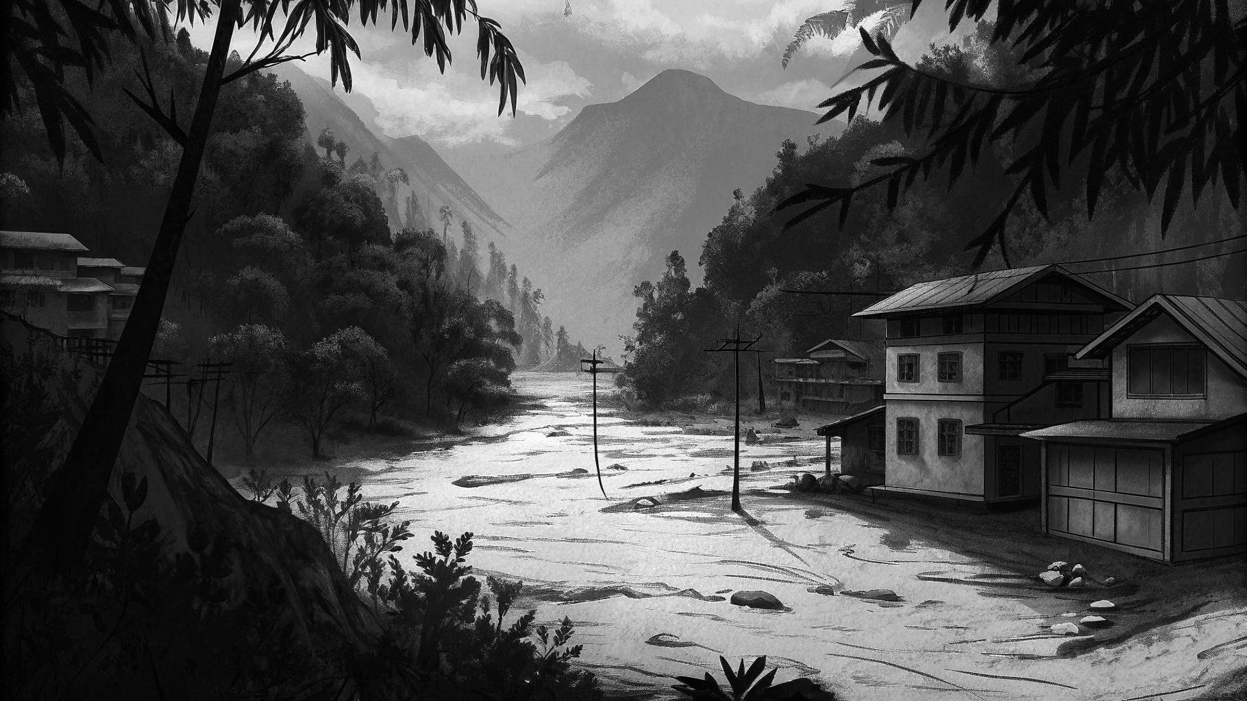 Illustration abstraite d’une vallée népalaise inondée avec routes et habitations endommagées