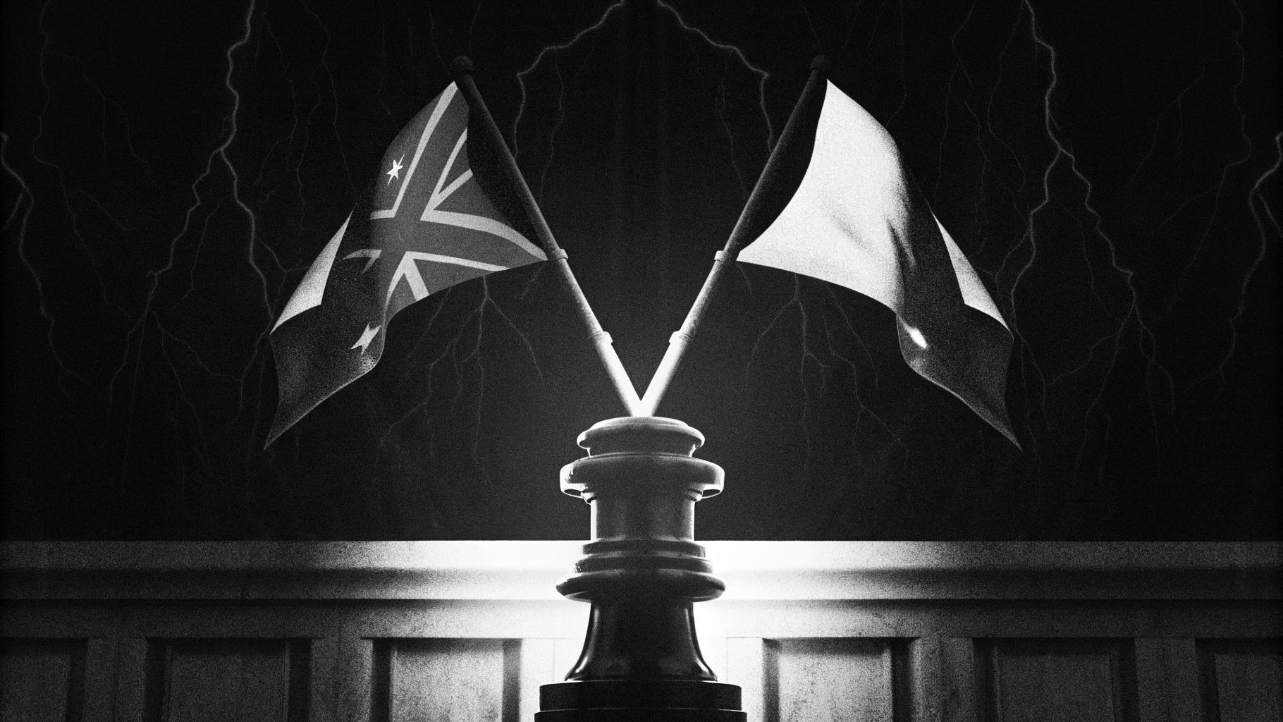 Illustration abstraite d'une séquence diplomatique entre l'Ukraine, les États-Unis et la Russie