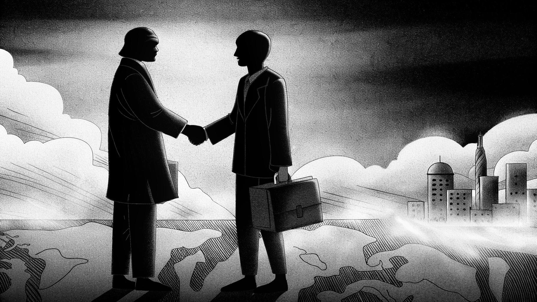 Illustration abstraite d’une négociation diplomatique autour de l’Ukraine, avec cartes et documents sur fond sobre