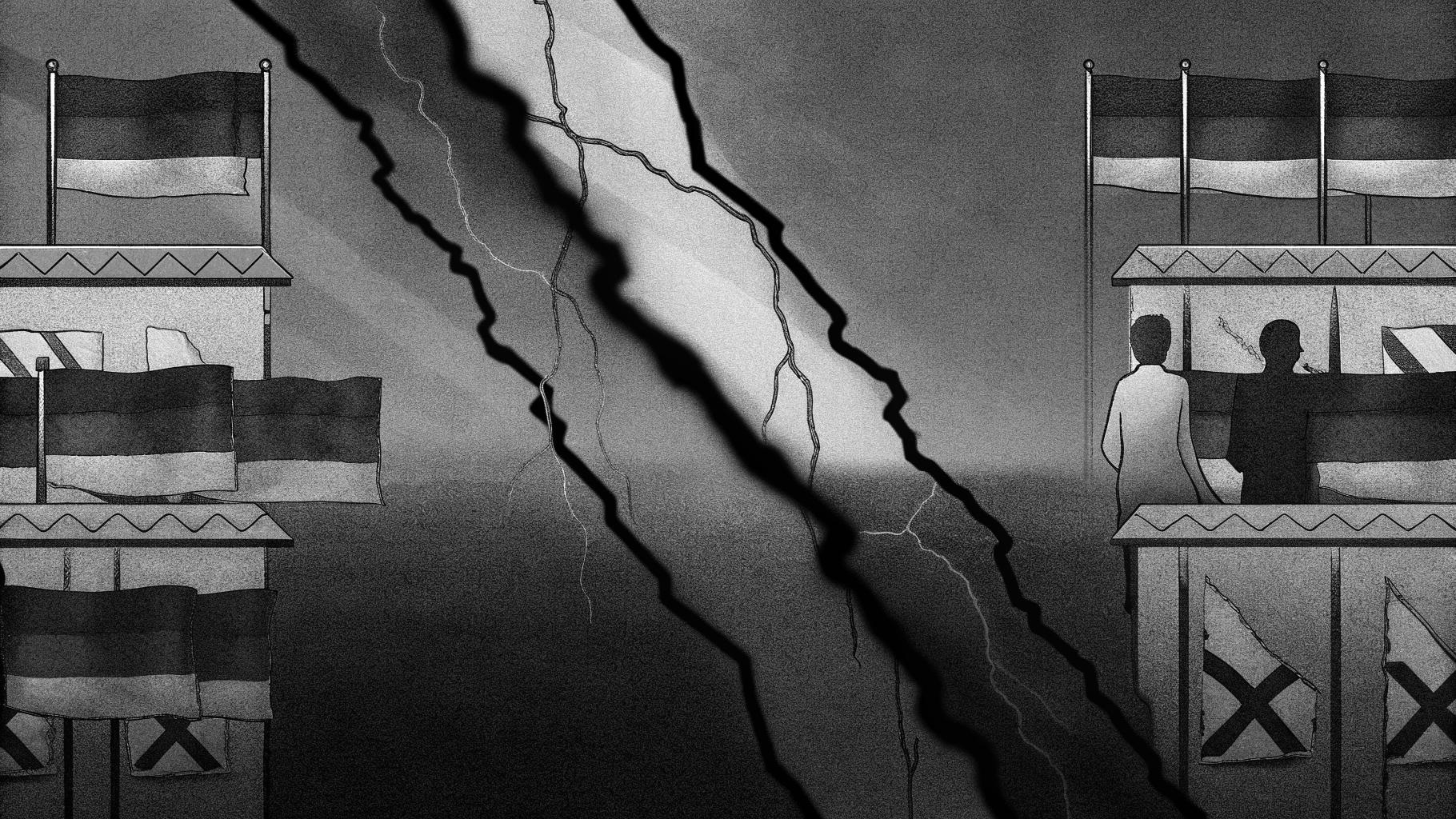 Illustration abstraite d’une crise politique en Allemagne avec des formes de vote fragmentées et des couleurs sobres