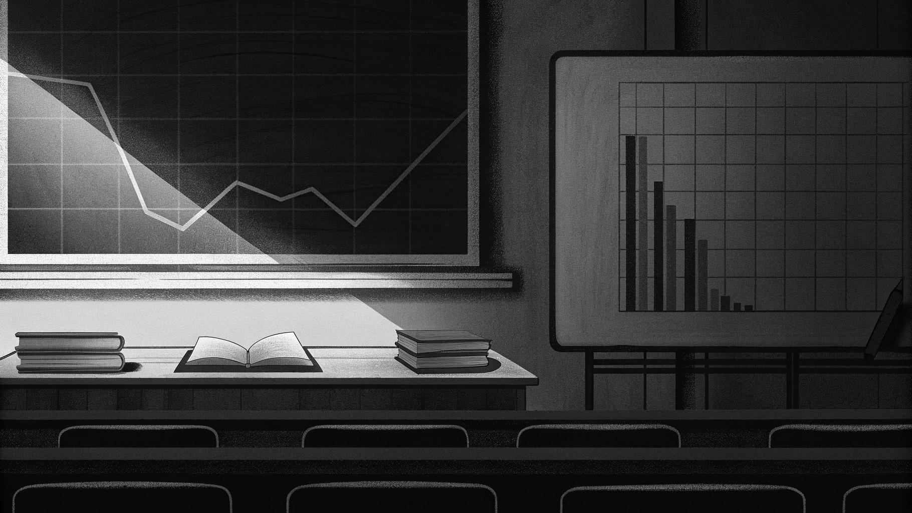 Illustration abstraite d’une baisse des résultats scolaires avec courbe descendante et symboles d’école