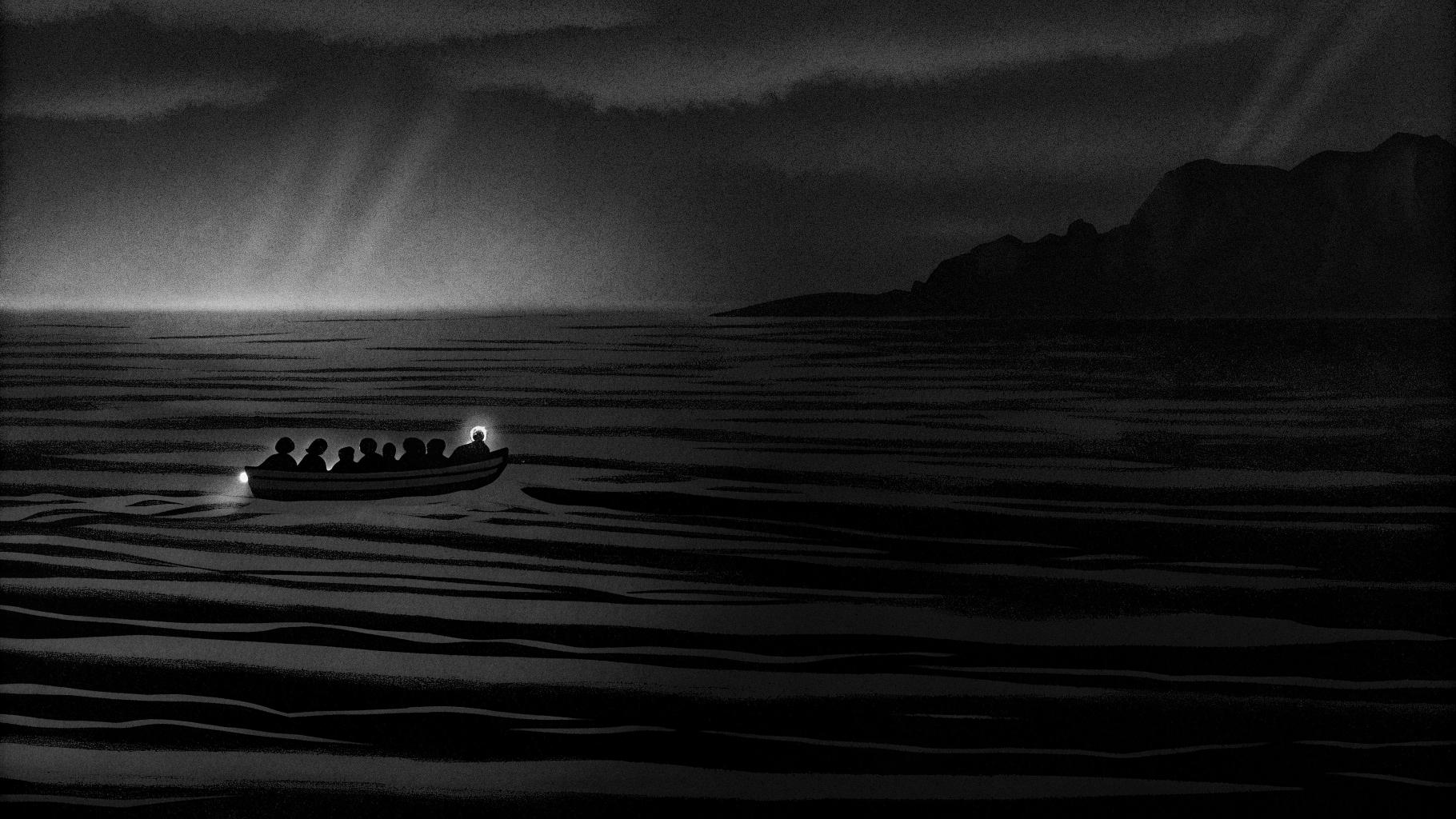 Illustration abstraite d’une embarcation de migrants sur une mer sombre avec des lumières de secours au loin