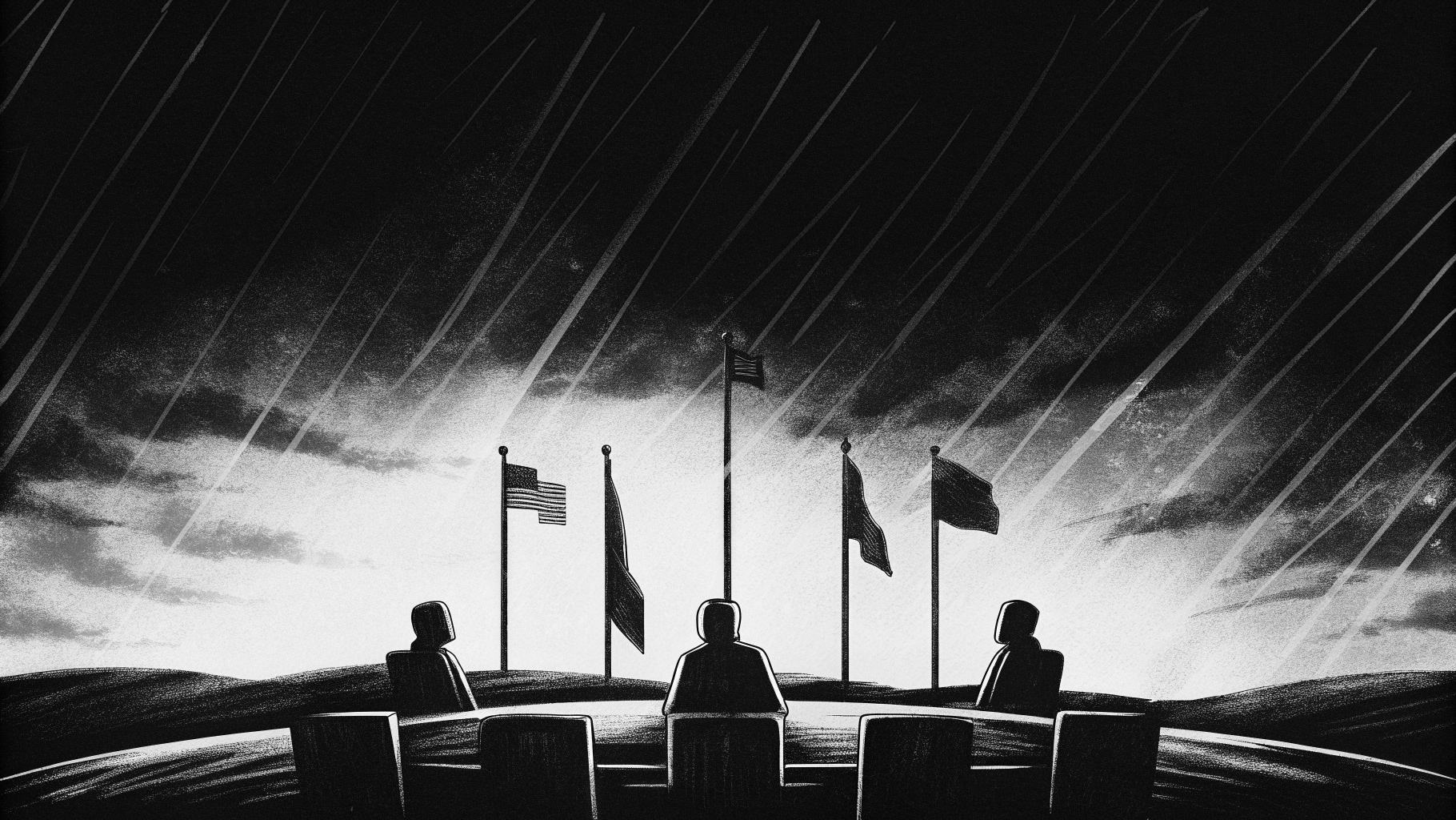 Illustration abstraite d’un sommet diplomatique sous tension géopolitique