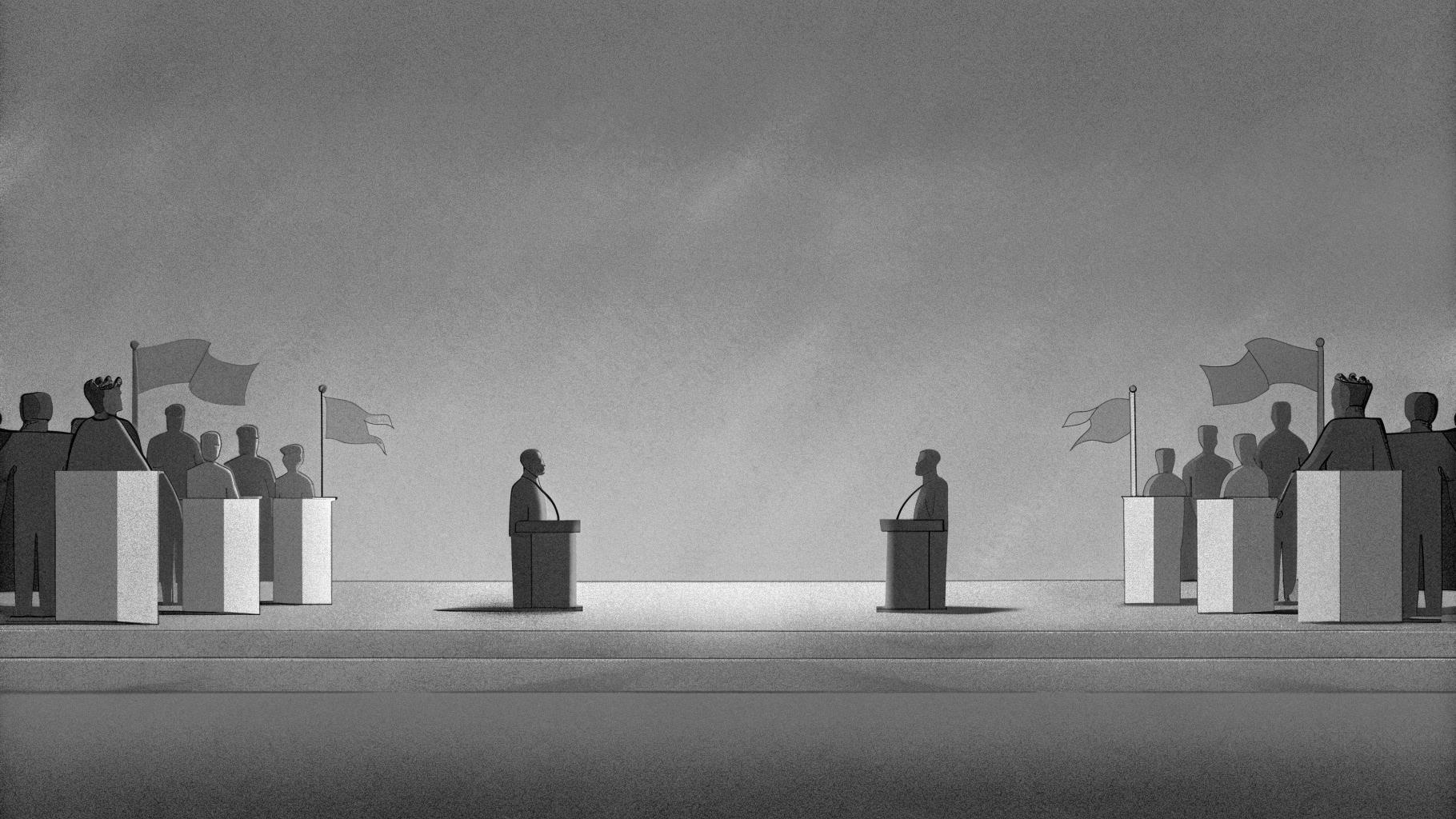 Illustration abstraite d’une rentrée politique avec silhouettes de militants et tribune