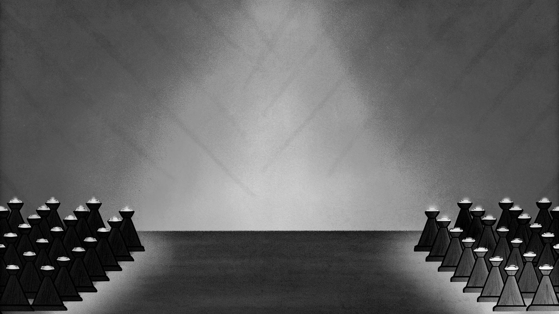 Illustration abstraite d’un affrontement politique à gauche dans une ambiance de meeting
