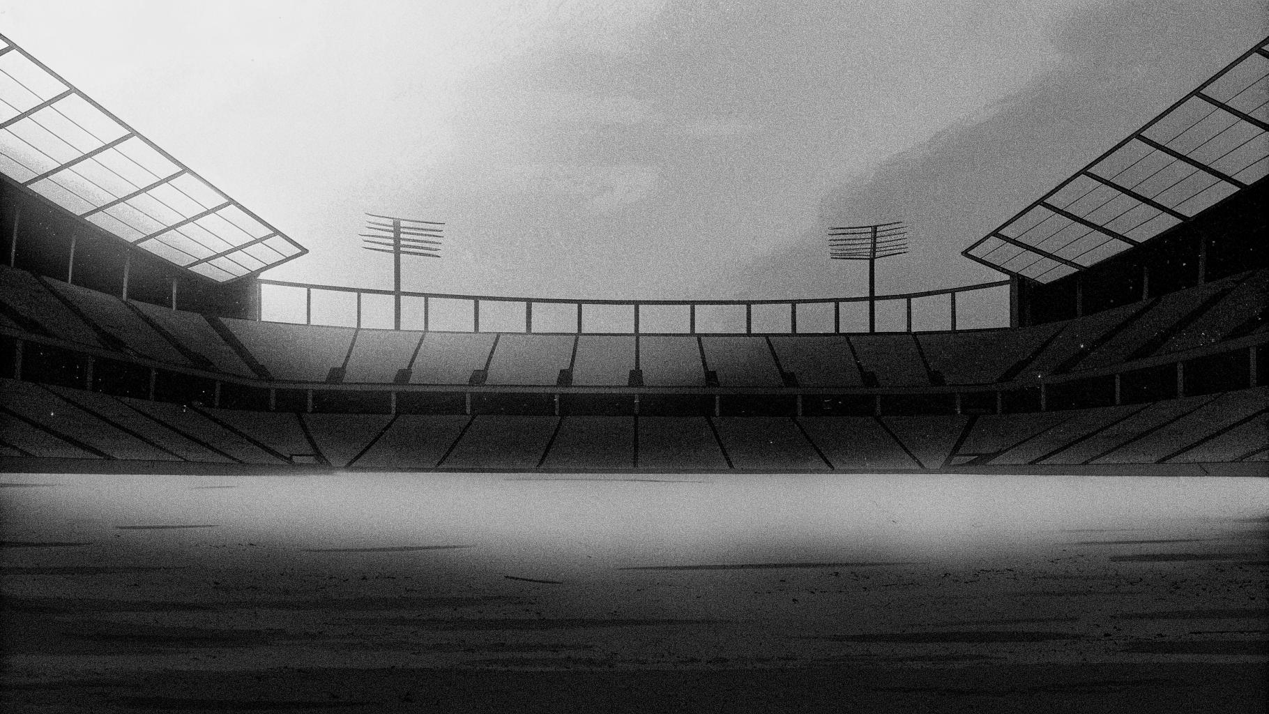 Illustration abstraite d’un grand rassemblement religieux dans un stade, avec une ambiance sobre et lumineuse