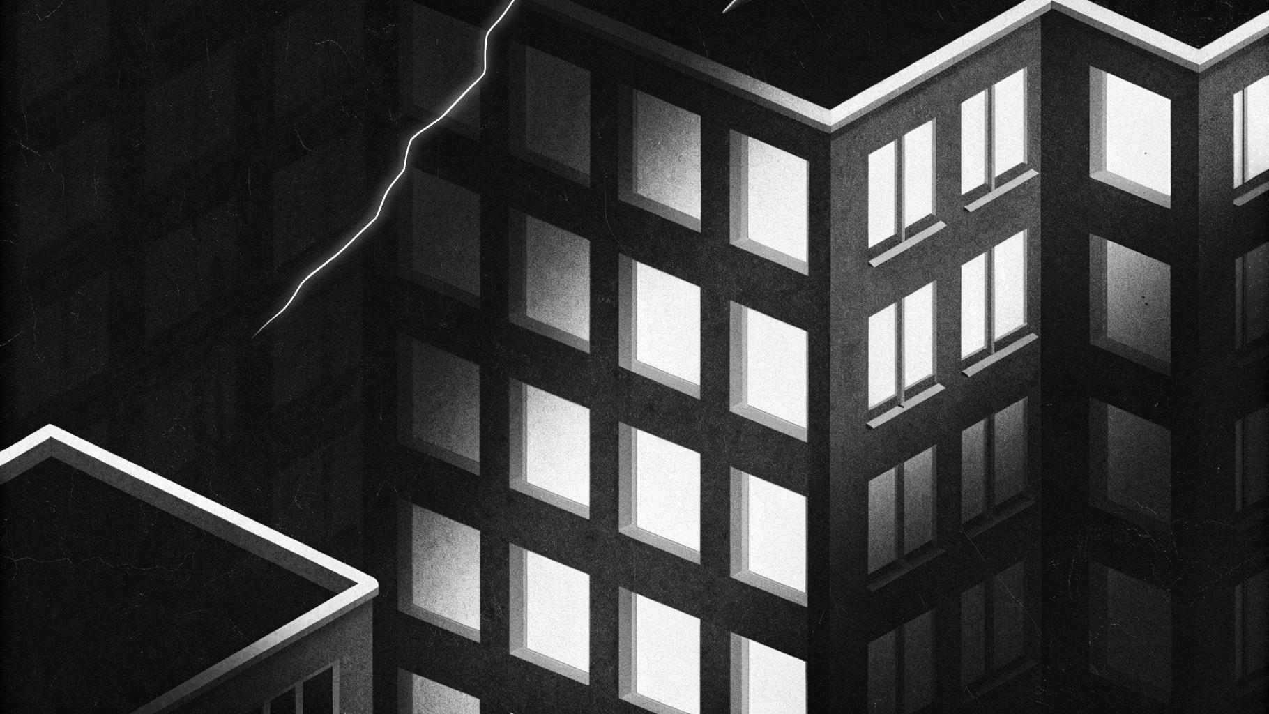 Illustration abstraite d’une crise locative urbaine avec immeubles et symboles de logements