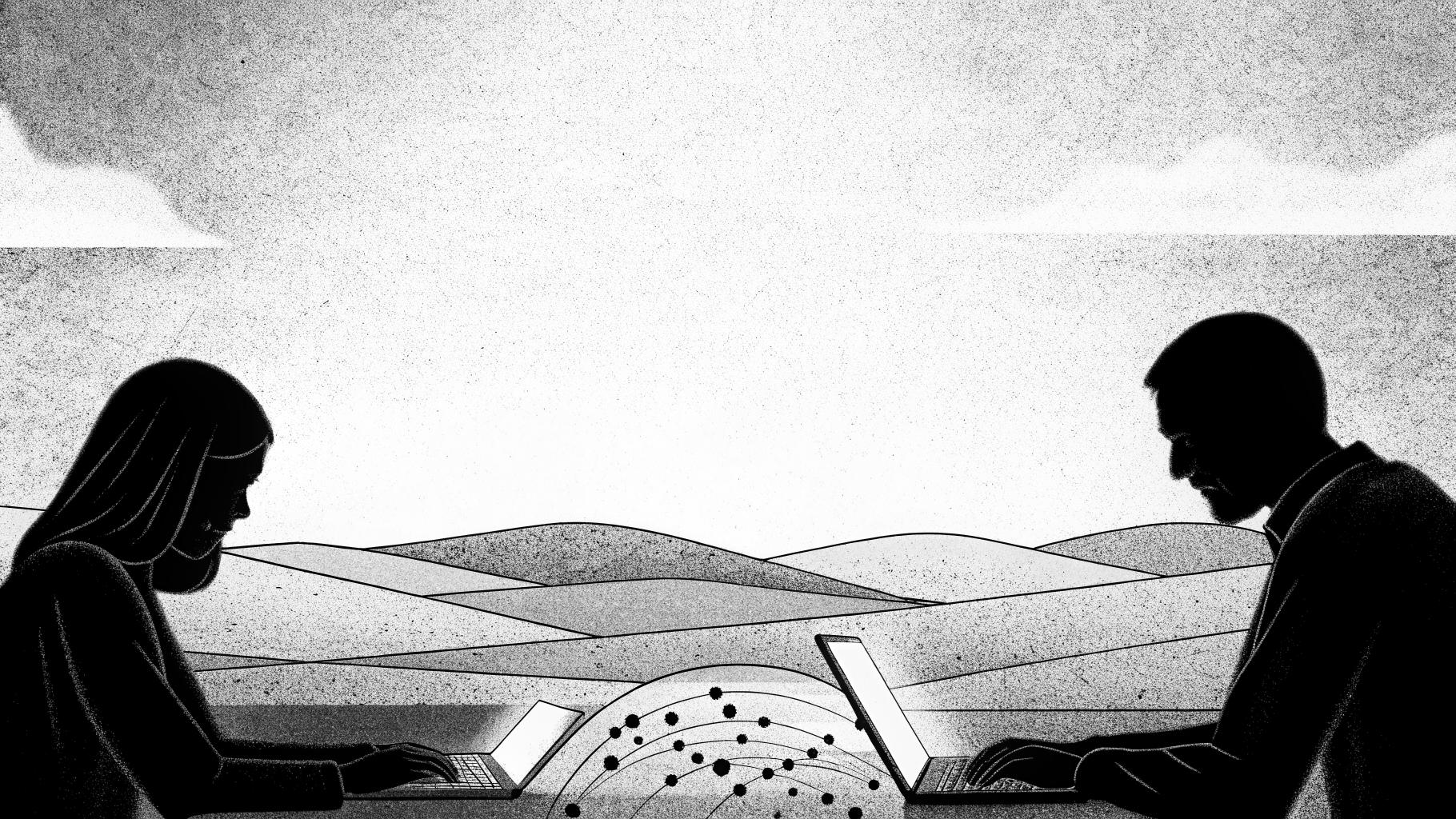 Illustration abstraite montrant la rencontre entre intelligence artificielle et formes microscopiques biologiques