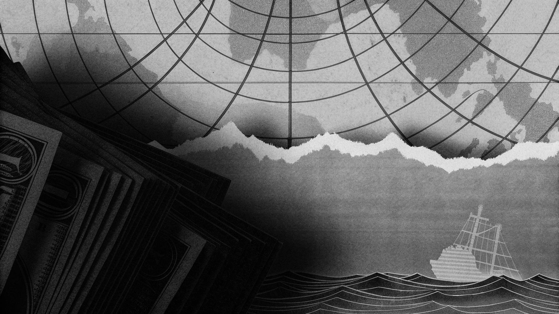 Illustration abstraite montrant des documents fiscaux et des flux financiers internationaux dans des tons sobres