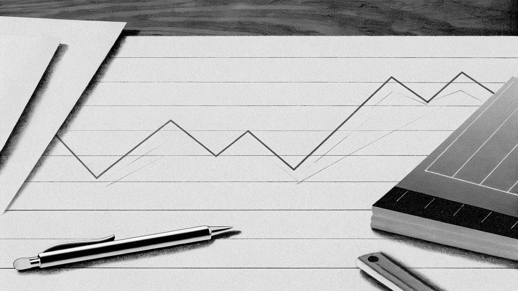 Illustration abstraite de fournitures scolaires sur fond sobre, évoquant la baisse puis la possible hausse des prix