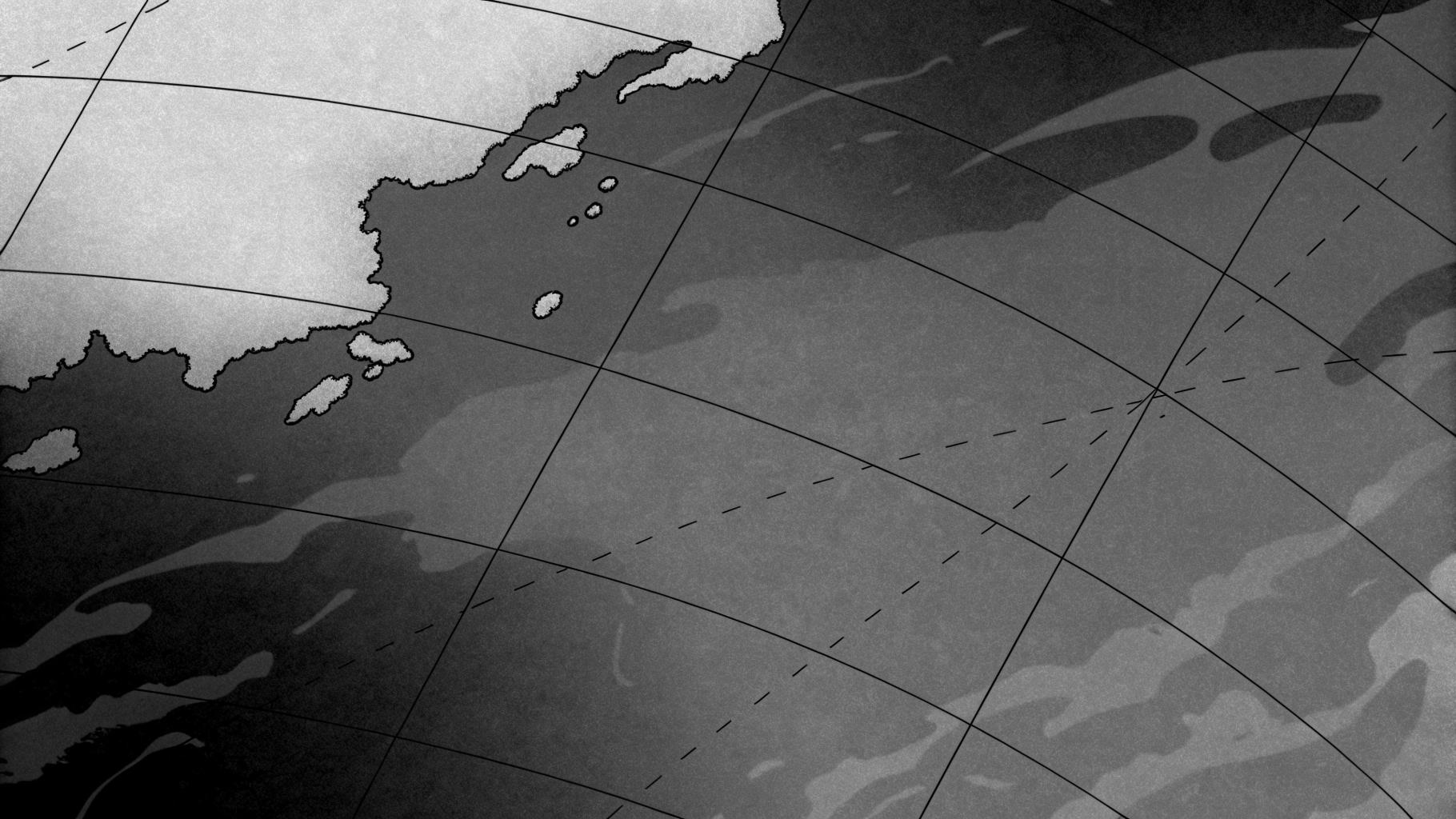 Illustration abstraite d’îles volcaniques disputées dans une mer froide avec des symboles de tension militaire